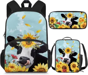 Cow Sunflowers Girls Backpacks Ages 8-10 Children's 3 Piece Schoolbag Set with Lunch Box Pencil Case Elementary 4th Grade Daypack Student Camping Backpacks Rucksack