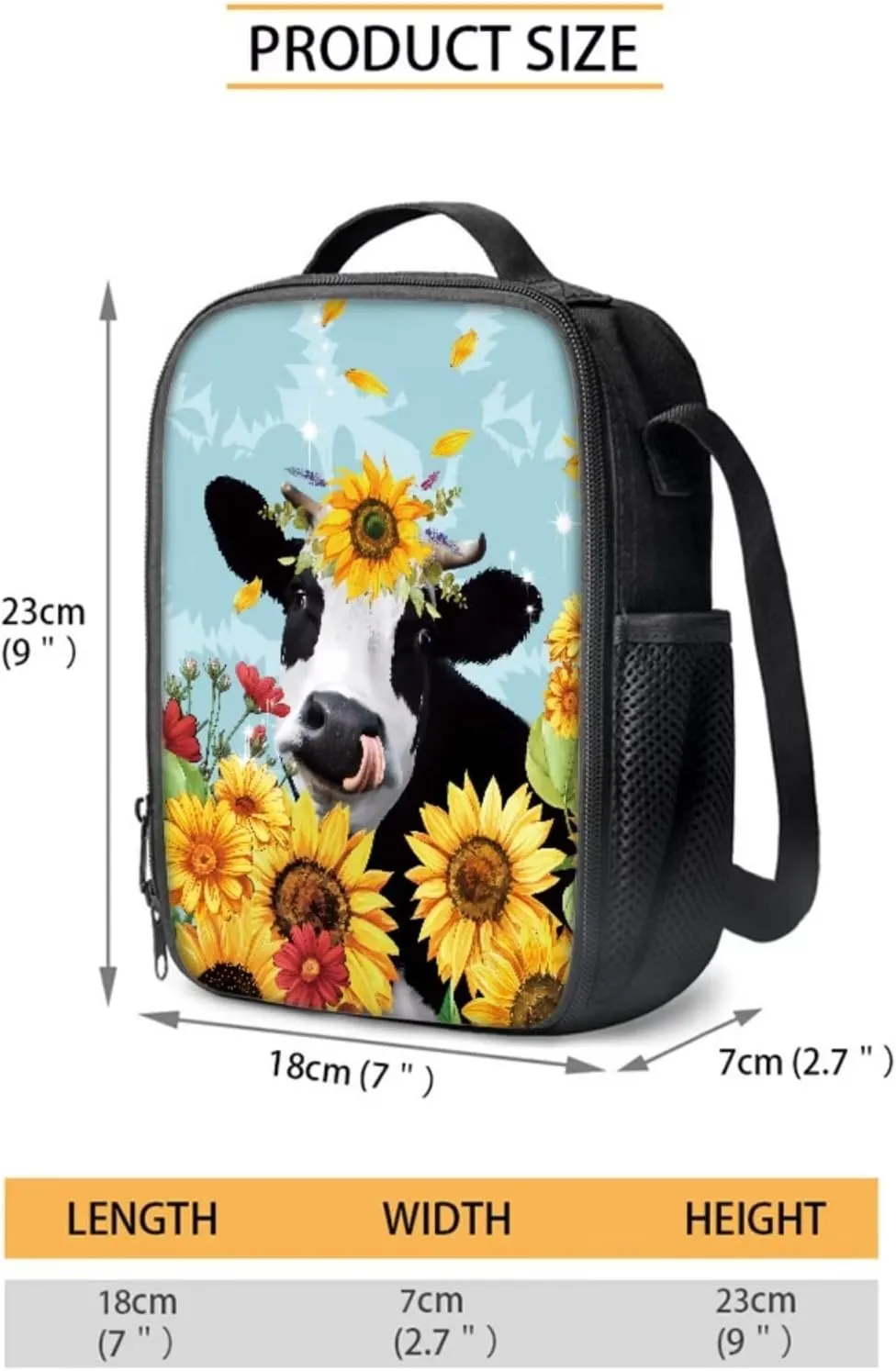 Cow Sunflowers Girls Backpacks Ages 8-10 Children's 3 Piece Schoolbag Set with Lunch Box Pencil Case Elementary 4th Grade Daypack Student Camping Backpacks Rucksack
