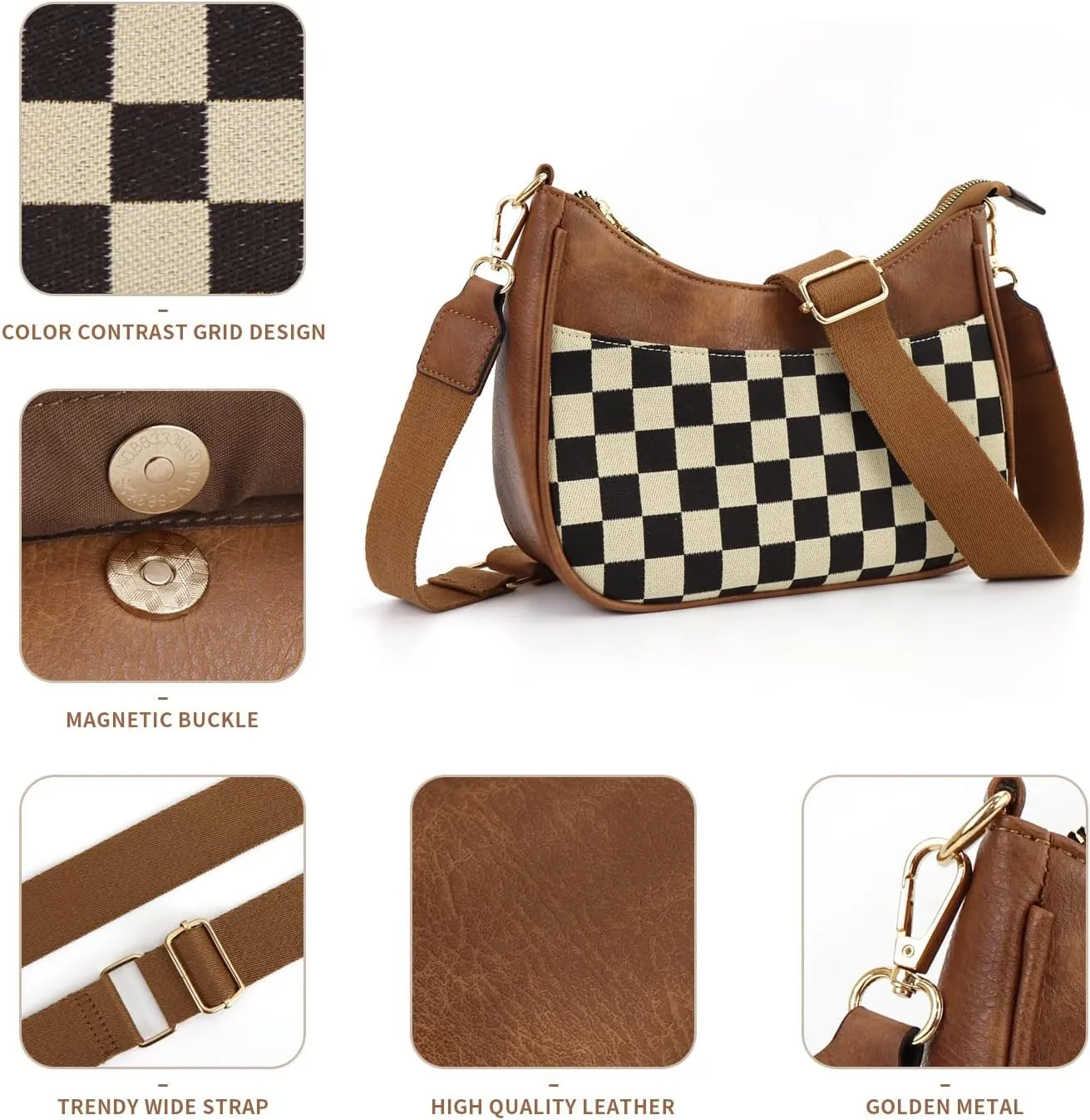 Crescent Checkered Crossbody Bags For Women Plaid Pattern Purse Medium Checkerboard Shoulder Bag Handbags