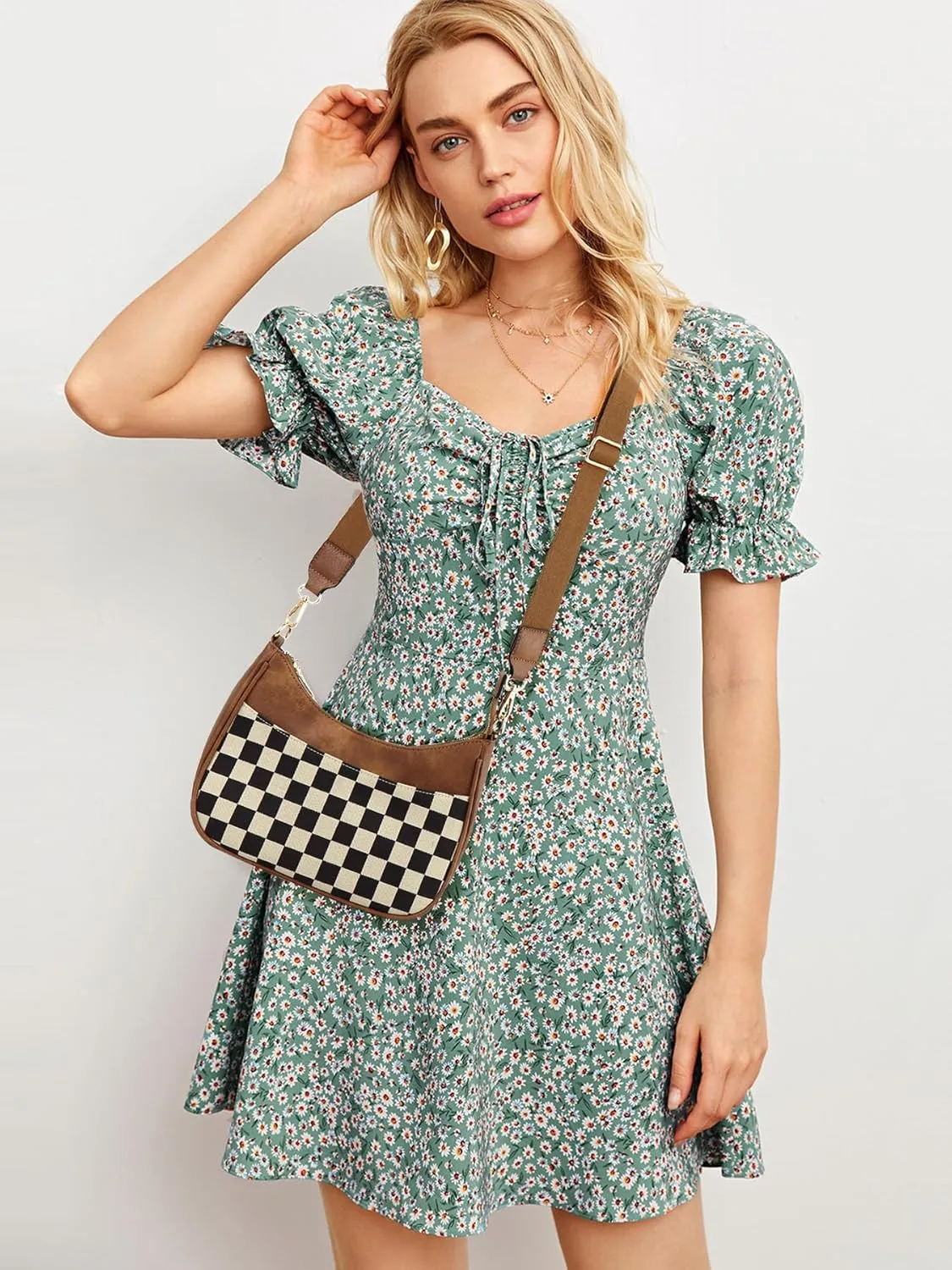 Crescent Checkered Crossbody Bags For Women Plaid Pattern Purse Medium Checkerboard Shoulder Bag Handbags