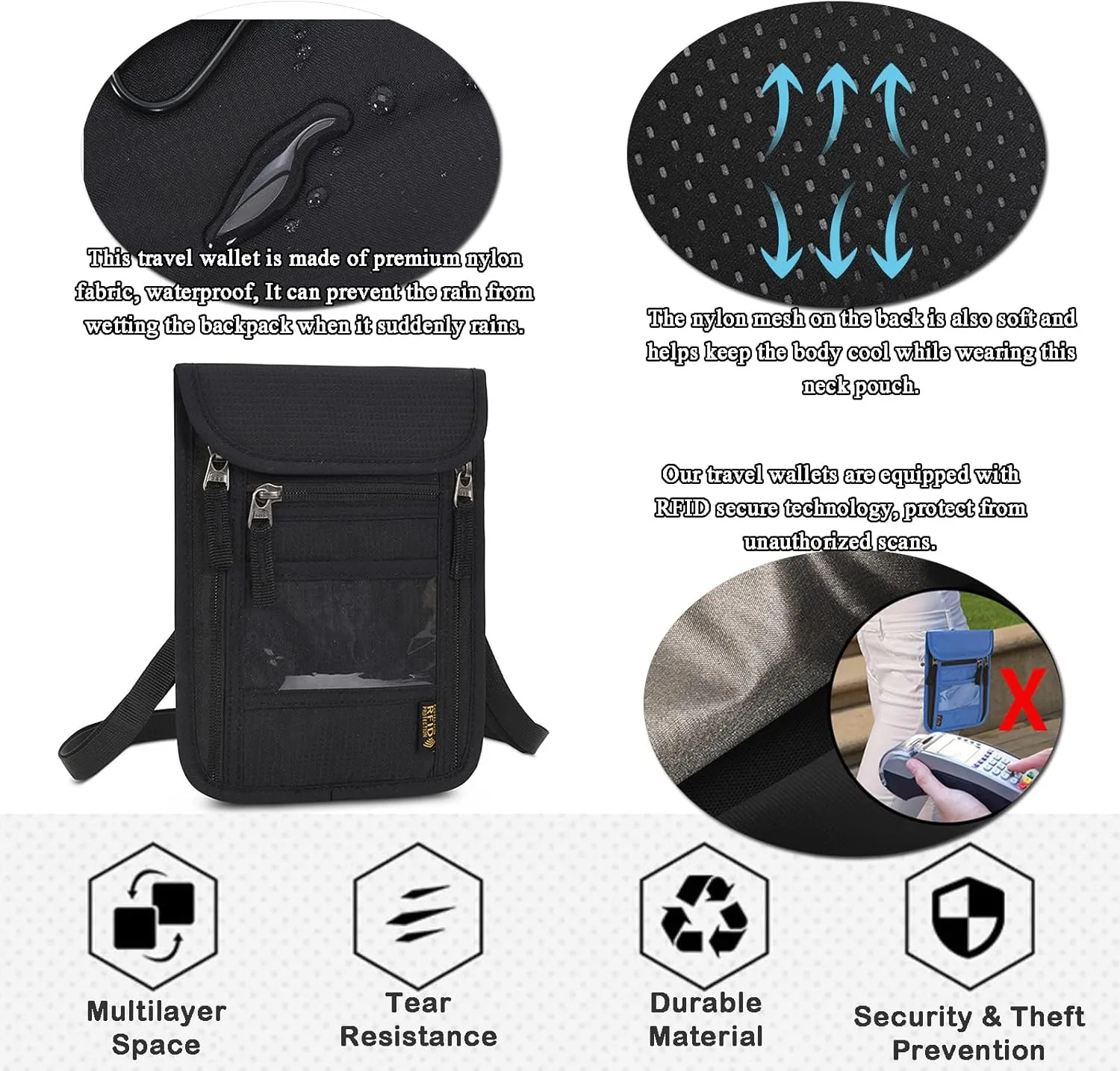 Croogo Fashion Passport Holder Neck Pouch Travel Neck Wallet with RFID Blocking Neck Stash Pouch for Traveling,Black-HZB01