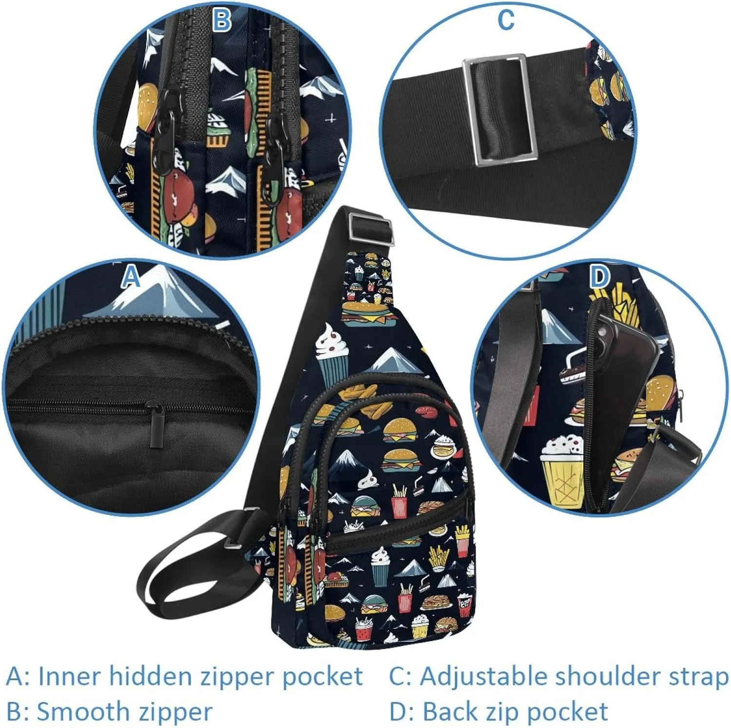Crossbody Bags for Women Cross Body Bag for Woman Sling Bag Crossbody Bag Drink ice cream gamburger hot dog pita t (1) Sling Backpack Travel