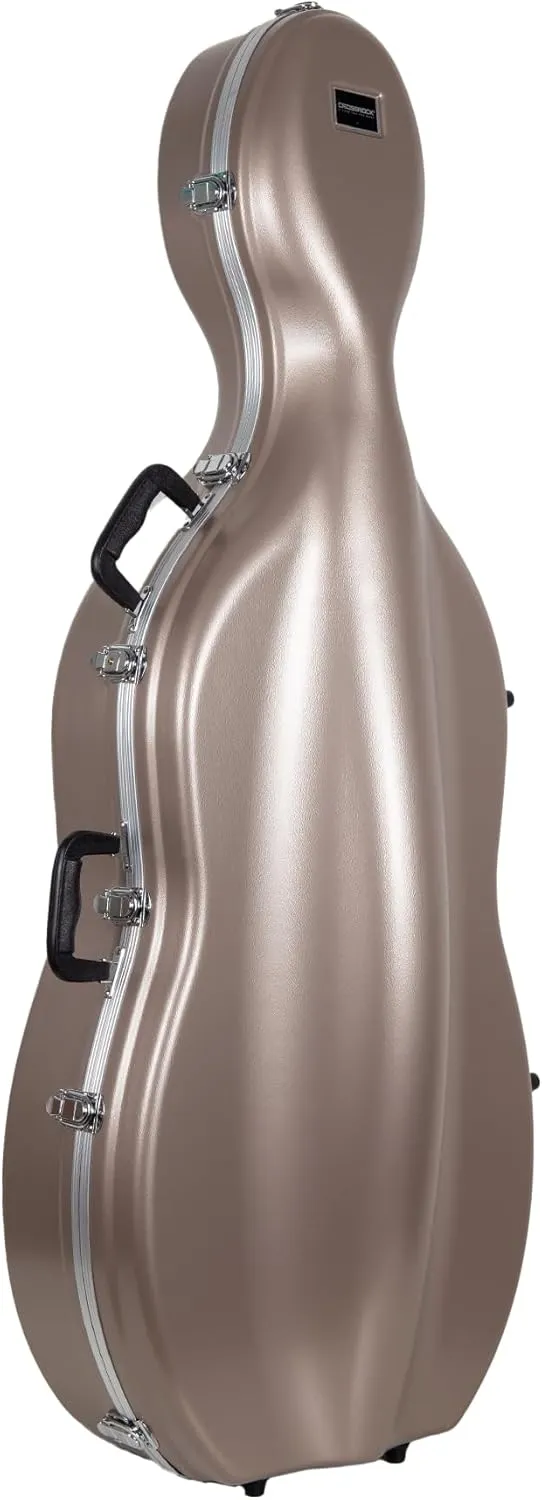 Crossrock ABS Cello Case for 4/4 & 3/4 Size | Champagne Matte Finish, Wine Red Velvet Interior, Molded Hardshell with Wheels, Lock, Dual Bow Holders & Backpack Straps​
