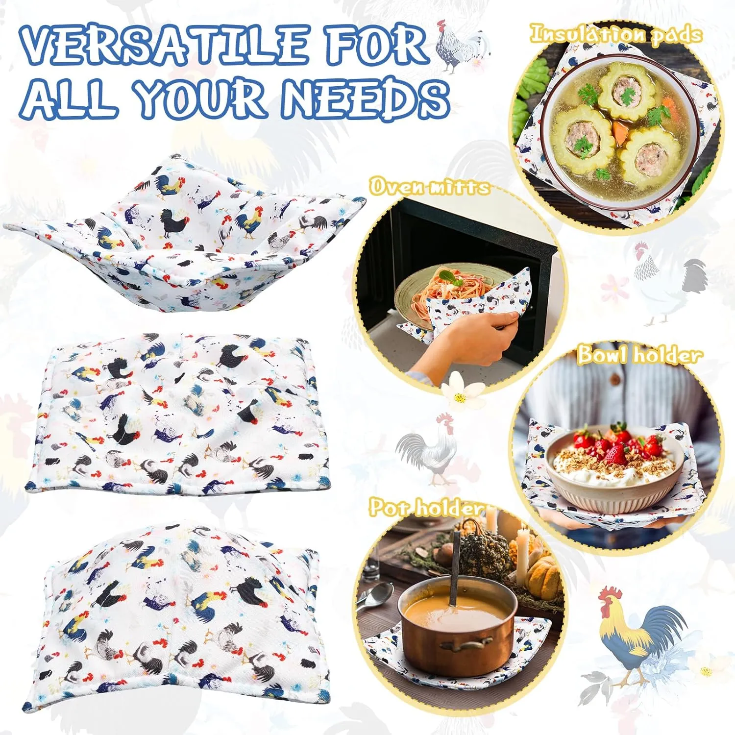 Cunhill Cotton Microwave Bowl Holders Hot Pads Heat Resistant Potholders Multipurpose Holders Quilted Bowl Cozy for Soup Hot Pads Kitchen Supply(Multi Color,Rooster Style)