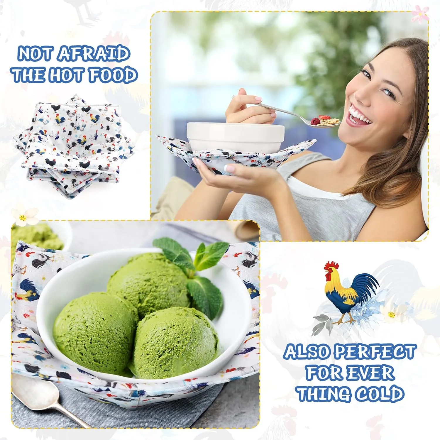 Cunhill Cotton Microwave Bowl Holders Hot Pads Heat Resistant Potholders Multipurpose Holders Quilted Bowl Cozy for Soup Hot Pads Kitchen Supply(Multi Color,Rooster Style)