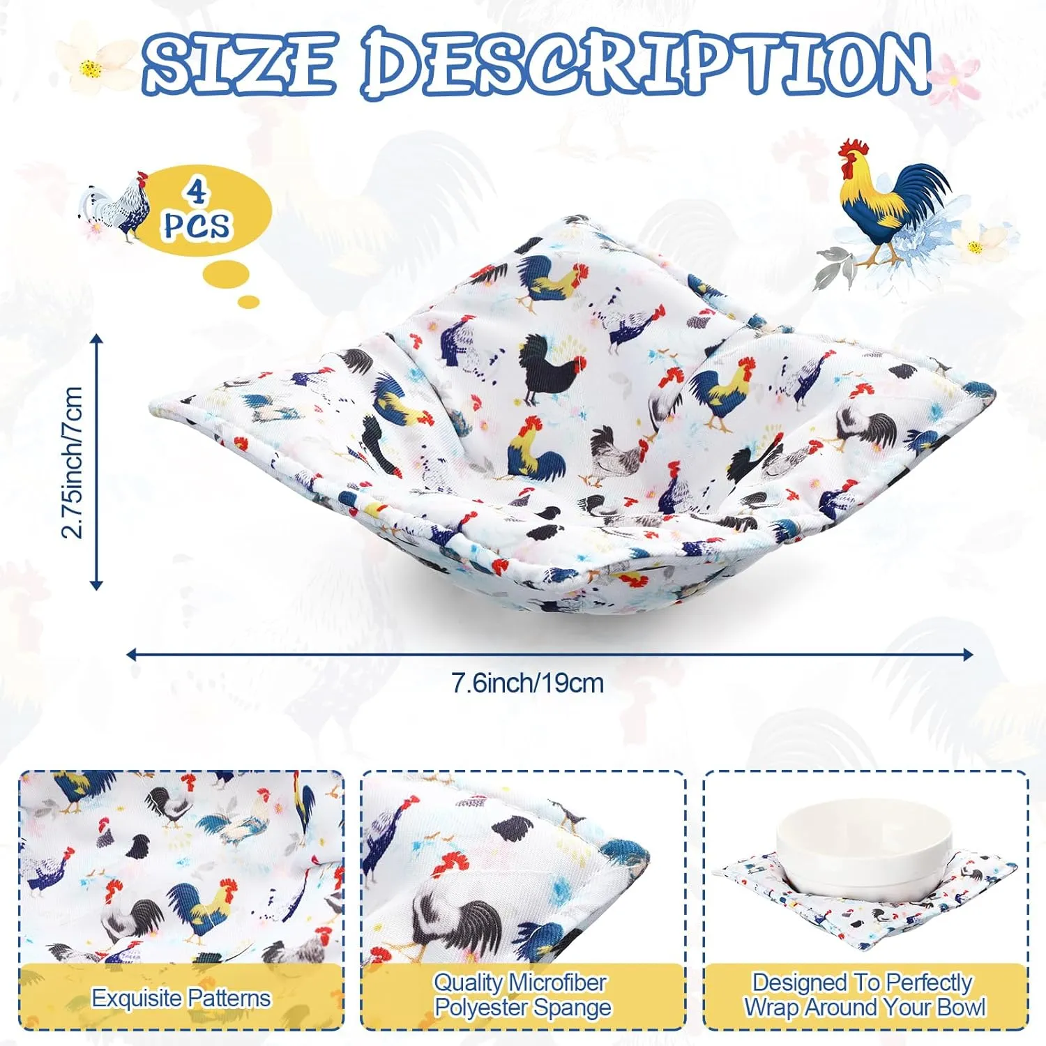 Cunhill Cotton Microwave Bowl Holders Hot Pads Heat Resistant Potholders Multipurpose Holders Quilted Bowl Cozy for Soup Hot Pads Kitchen Supply(Multi Color,Rooster Style)