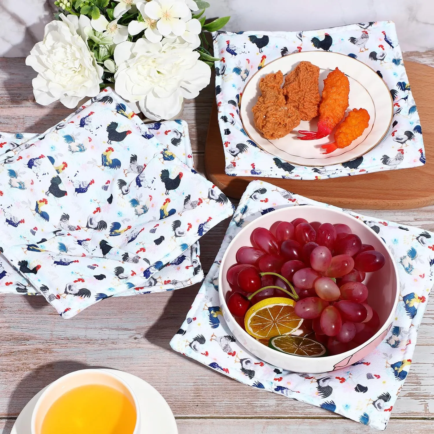 Cunhill Cotton Microwave Bowl Holders Hot Pads Heat Resistant Potholders Multipurpose Holders Quilted Bowl Cozy for Soup Hot Pads Kitchen Supply(Multi Color,Rooster Style)