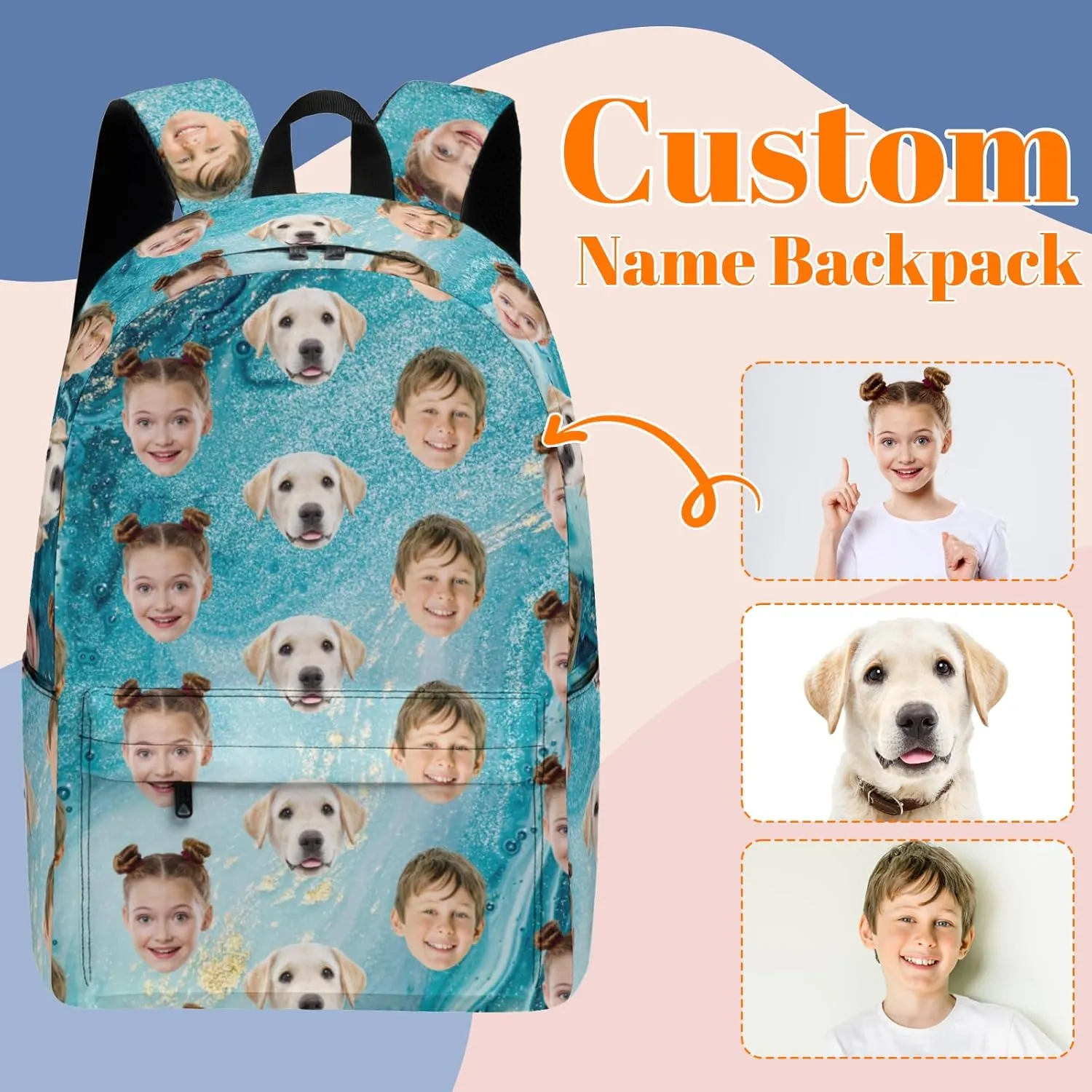 Custom Backpack with Face, Personalized Face School Bag for Boys Girls Men Women, Customized Faces Casual Laptop Backpacks with Adjustable Shoulder Strap for School Work Travel Camping