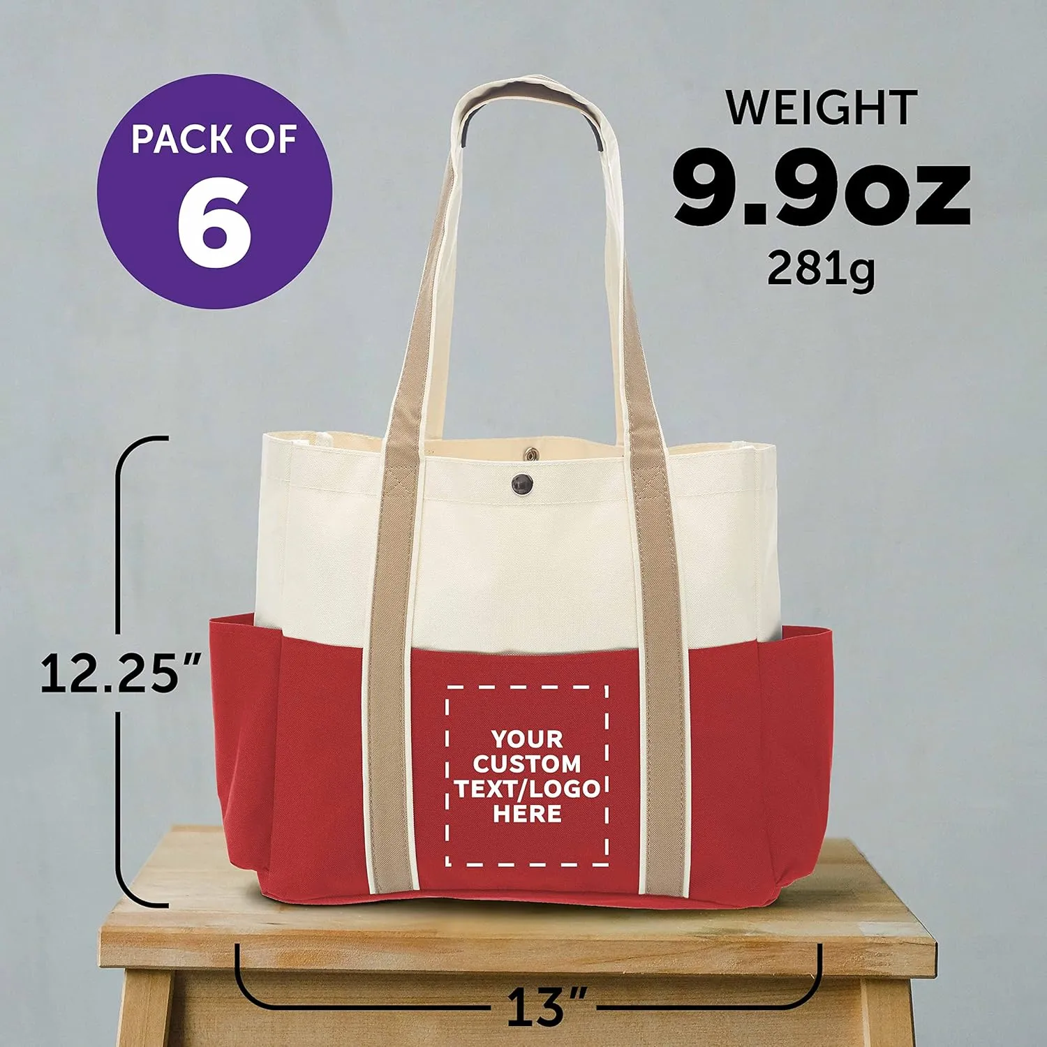 Custom Dual Color Shoulder Tote Bags Set of 6, Personalized Bulk Pack - Cool Modern Design, Perfect For Everyday Use - Red
