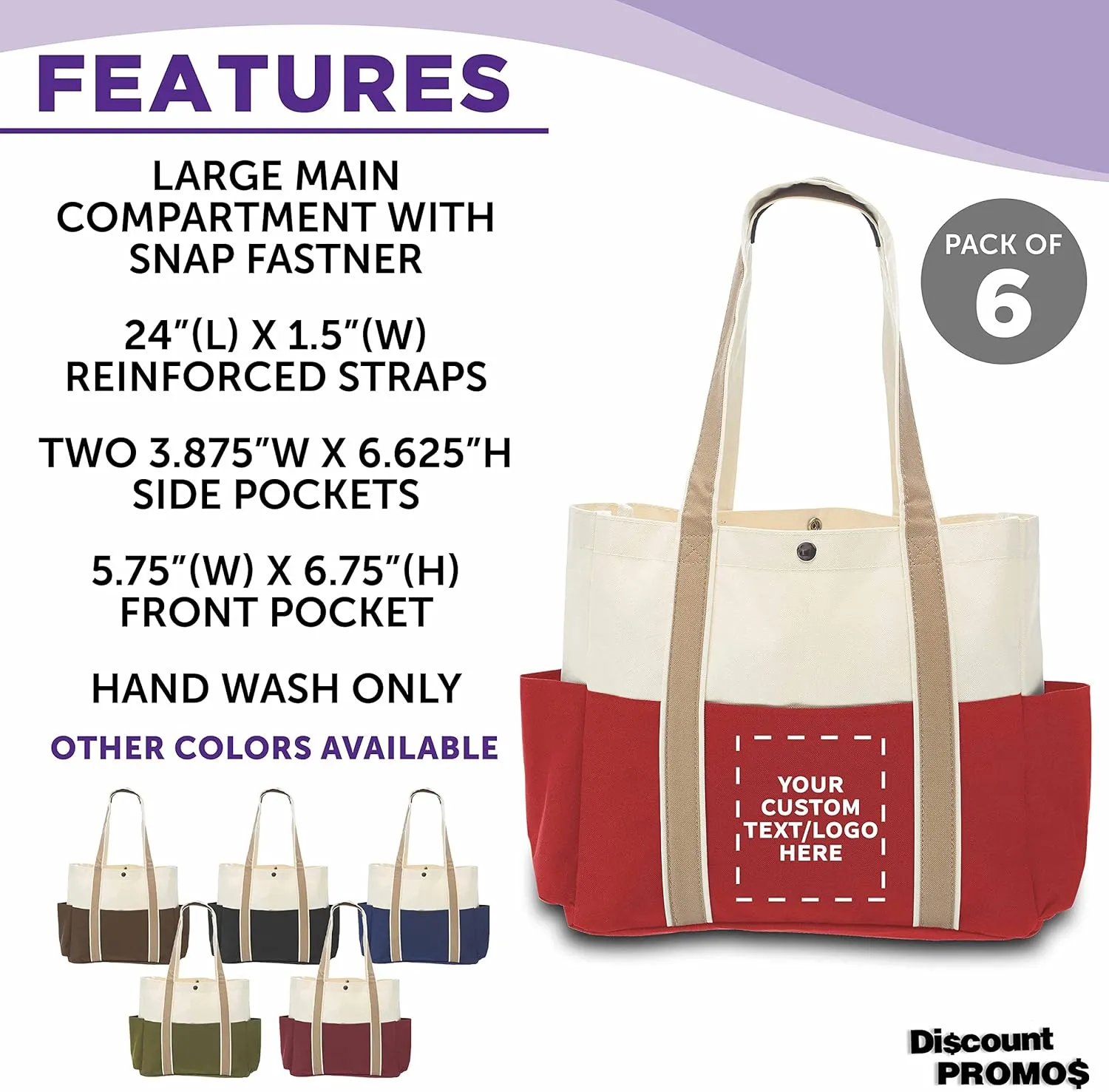 Custom Dual Color Shoulder Tote Bags Set of 6, Personalized Bulk Pack - Cool Modern Design, Perfect For Everyday Use - Red