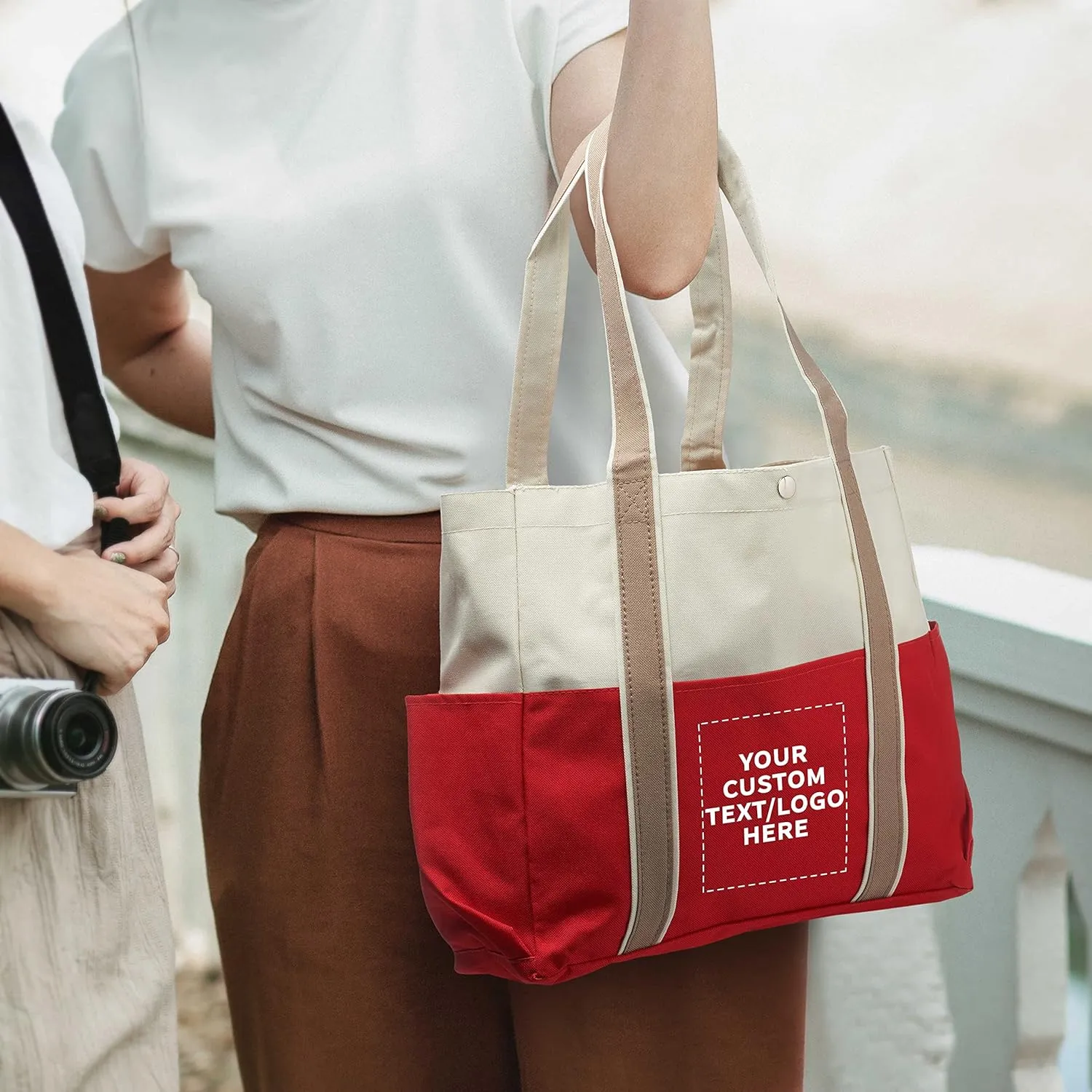 Custom Dual Color Shoulder Tote Bags Set of 6, Personalized Bulk Pack - Cool Modern Design, Perfect For Everyday Use - Red
