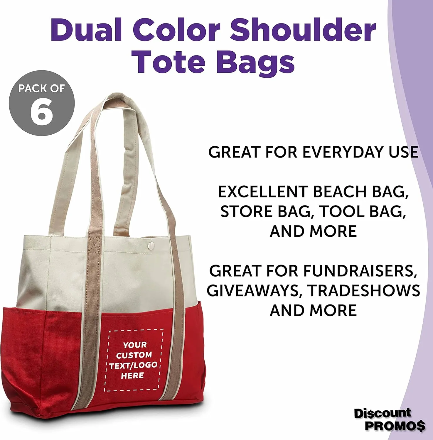 Custom Dual Color Shoulder Tote Bags Set of 6, Personalized Bulk Pack - Cool Modern Design, Perfect For Everyday Use - Red