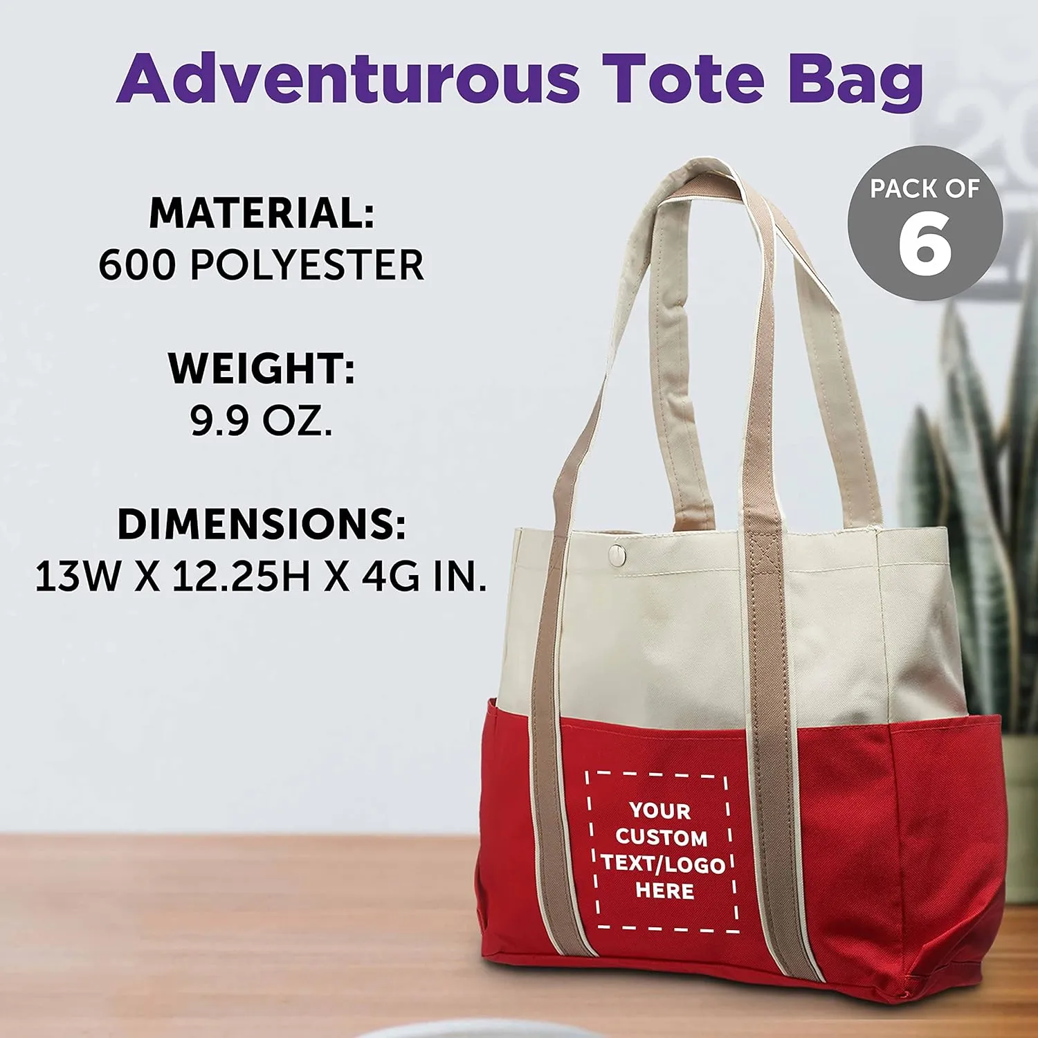 Custom Dual Color Shoulder Tote Bags Set of 6, Personalized Bulk Pack - Cool Modern Design, Perfect For Everyday Use - Red