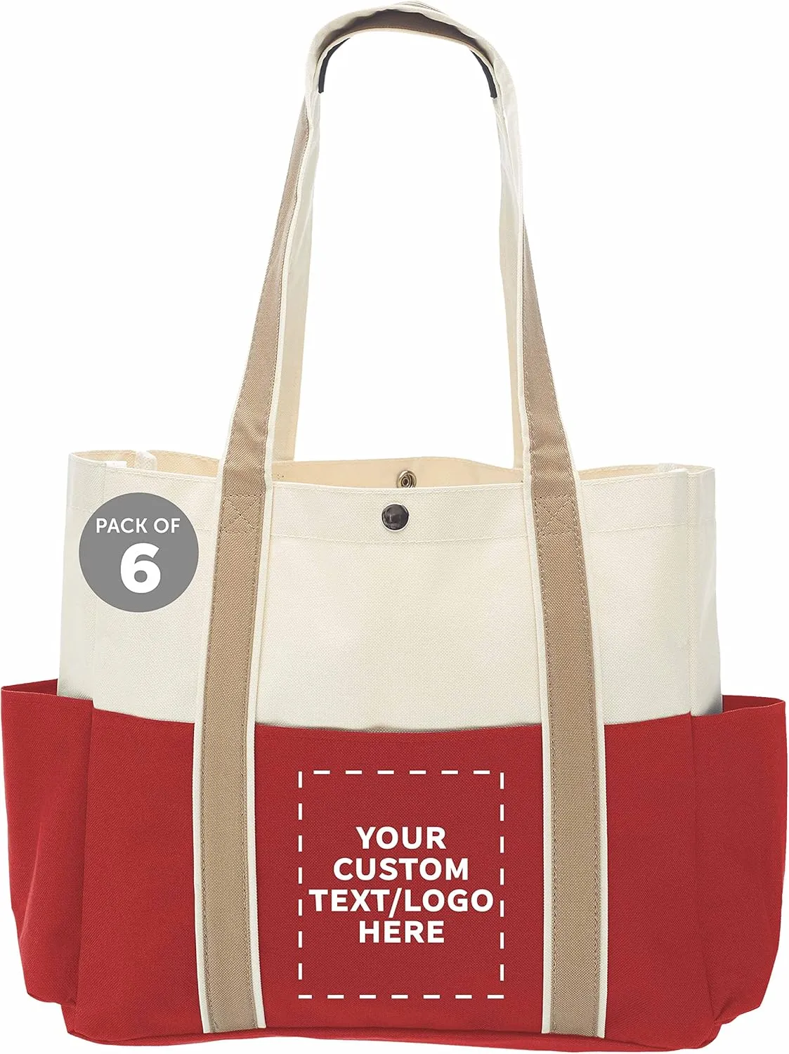 Custom Dual Color Shoulder Tote Bags Set of 6, Personalized Bulk Pack - Cool Modern Design, Perfect For Everyday Use - Red