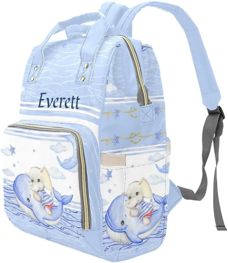 Custom Name Diaper Bag Backpack Sea Whale Sailor Elephant Lighthouse Multifunction Travel Backpack Nappy Bag Daypack for Mom Dad Boy Girl