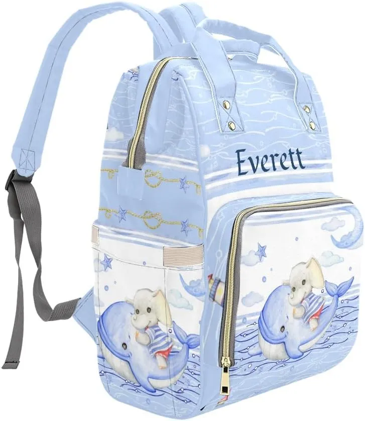 Custom Name Diaper Bag Backpack Sea Whale Sailor Elephant Lighthouse Multifunction Travel Backpack Nappy Bag Daypack for Mom Dad Boy Girl