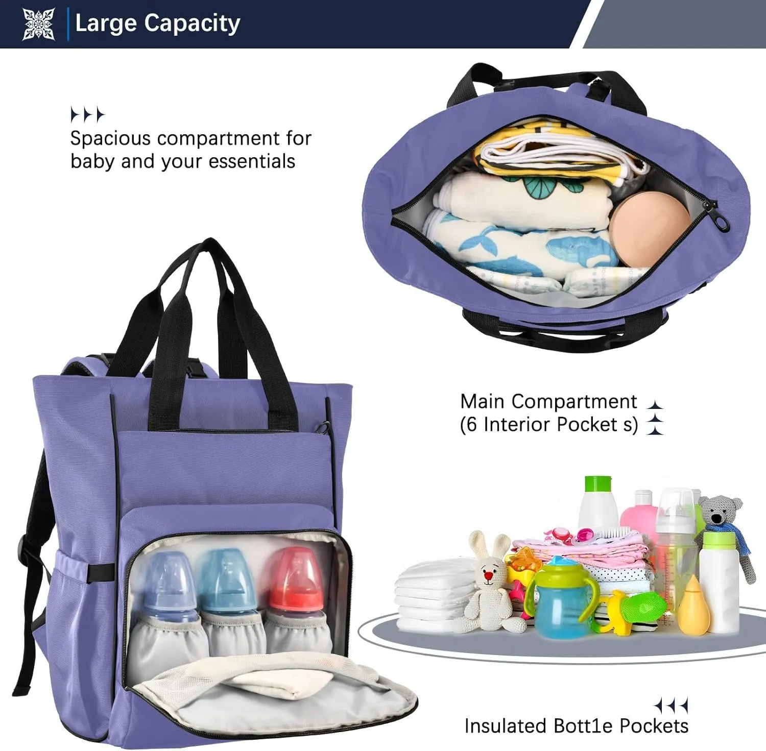 Custom Very Peri Diaper Bag Backpack for Men Women Large Capacity Baby Changing Totes with Three Pockets Multifunction Nappy Changing Bag for Playing