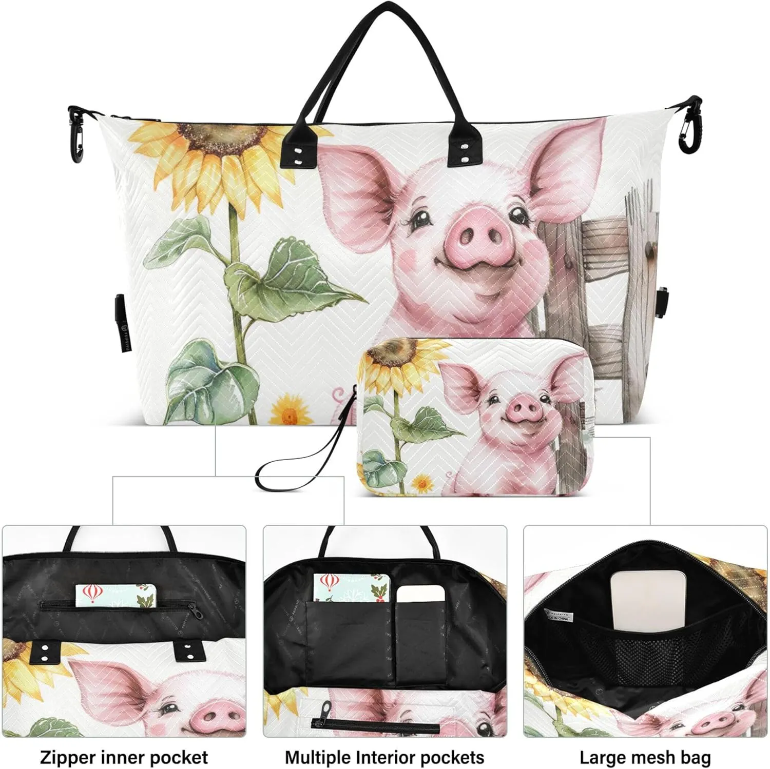Cute Happy Pig Print Duffle Bags Travel Toiletry Bags Set of 2, Modern Womens Luggage Set of 2 Weekender Travel Bag
