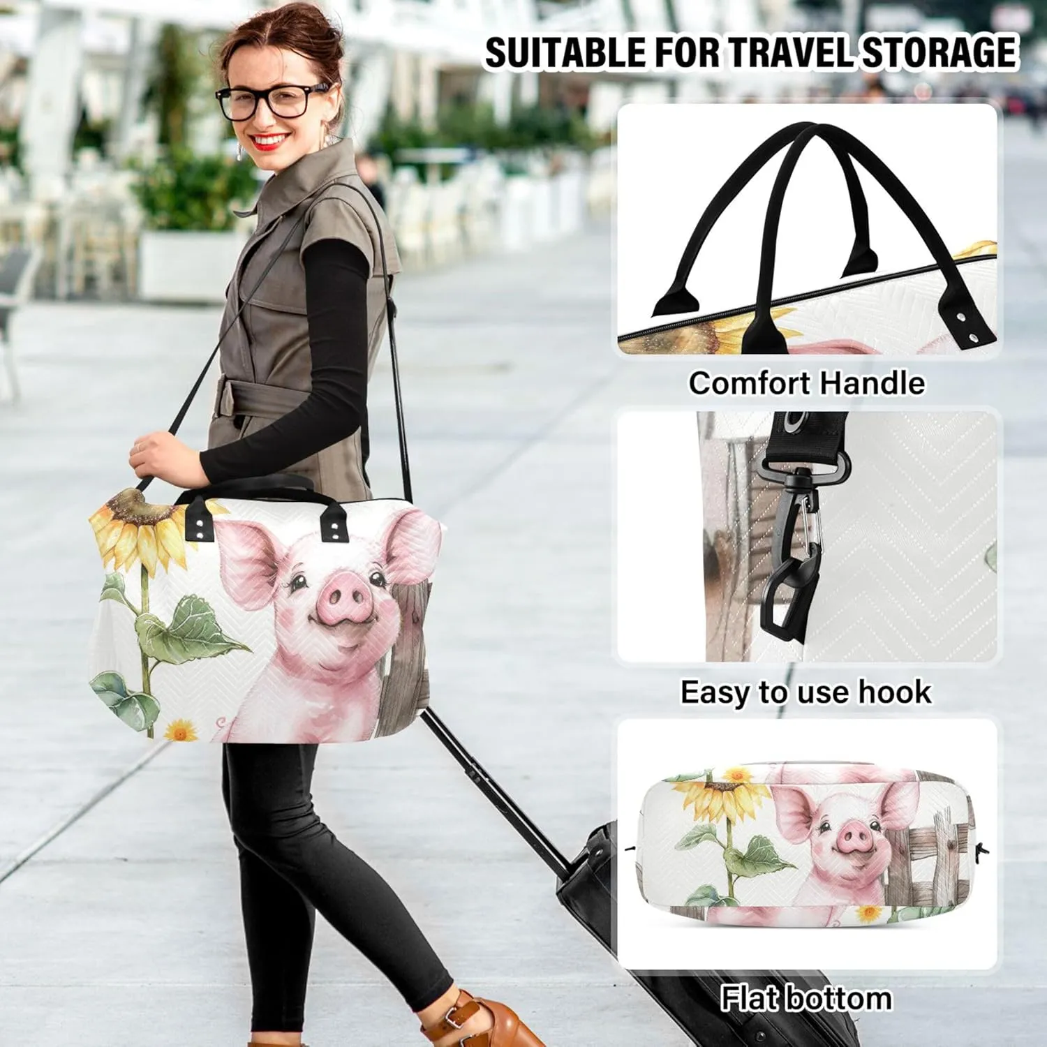 Cute Happy Pig Print Duffle Bags Travel Toiletry Bags Set of 2, Modern Womens Luggage Set of 2 Weekender Travel Bag
