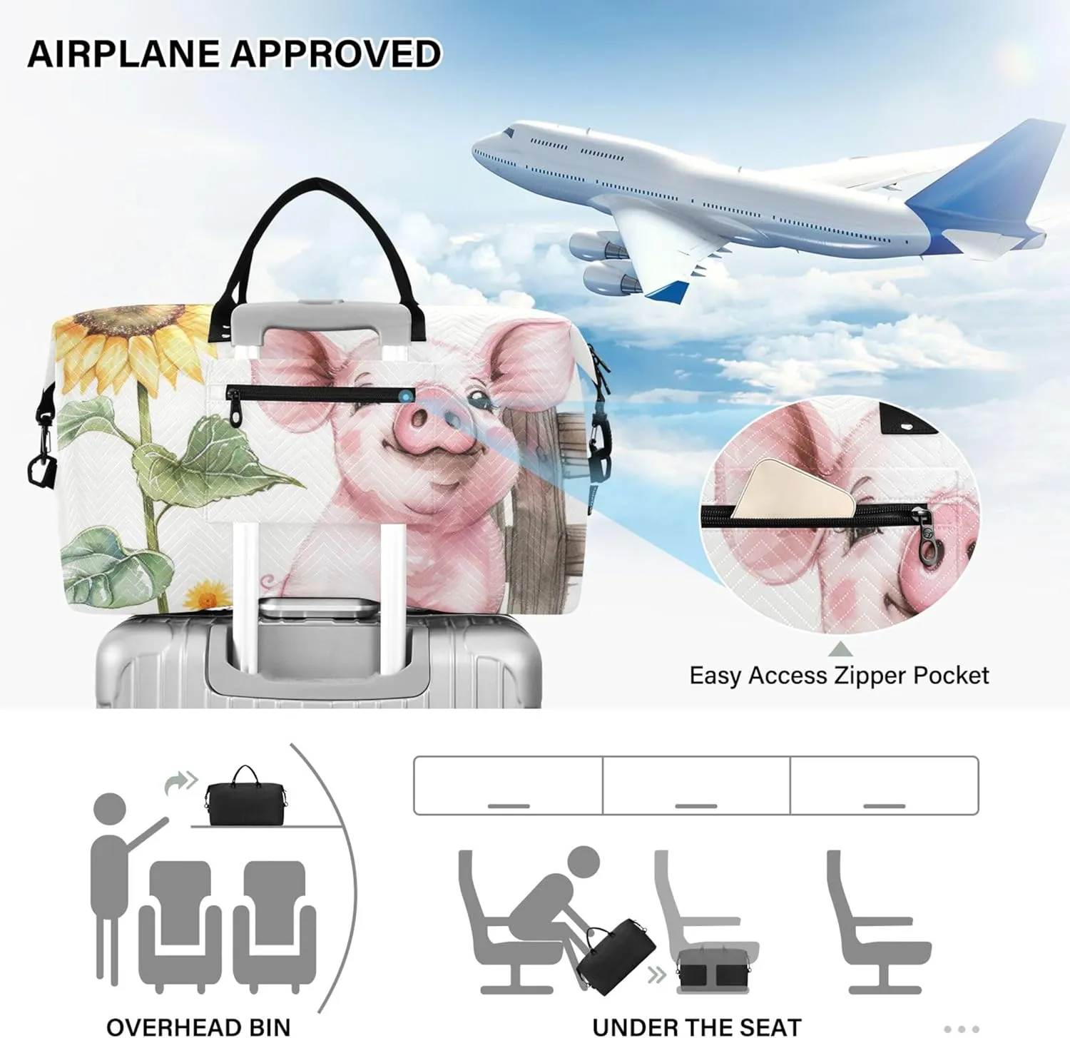 Cute Happy Pig Print Duffle Bags Travel Toiletry Bags Set of 2, Modern Womens Luggage Set of 2 Weekender Travel Bag