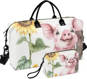 Cute Happy Pig Print Duffle Bags Travel Toiletry Bags Set of 2, Modern Womens Luggage Set of 2 Weekender Travel Bag