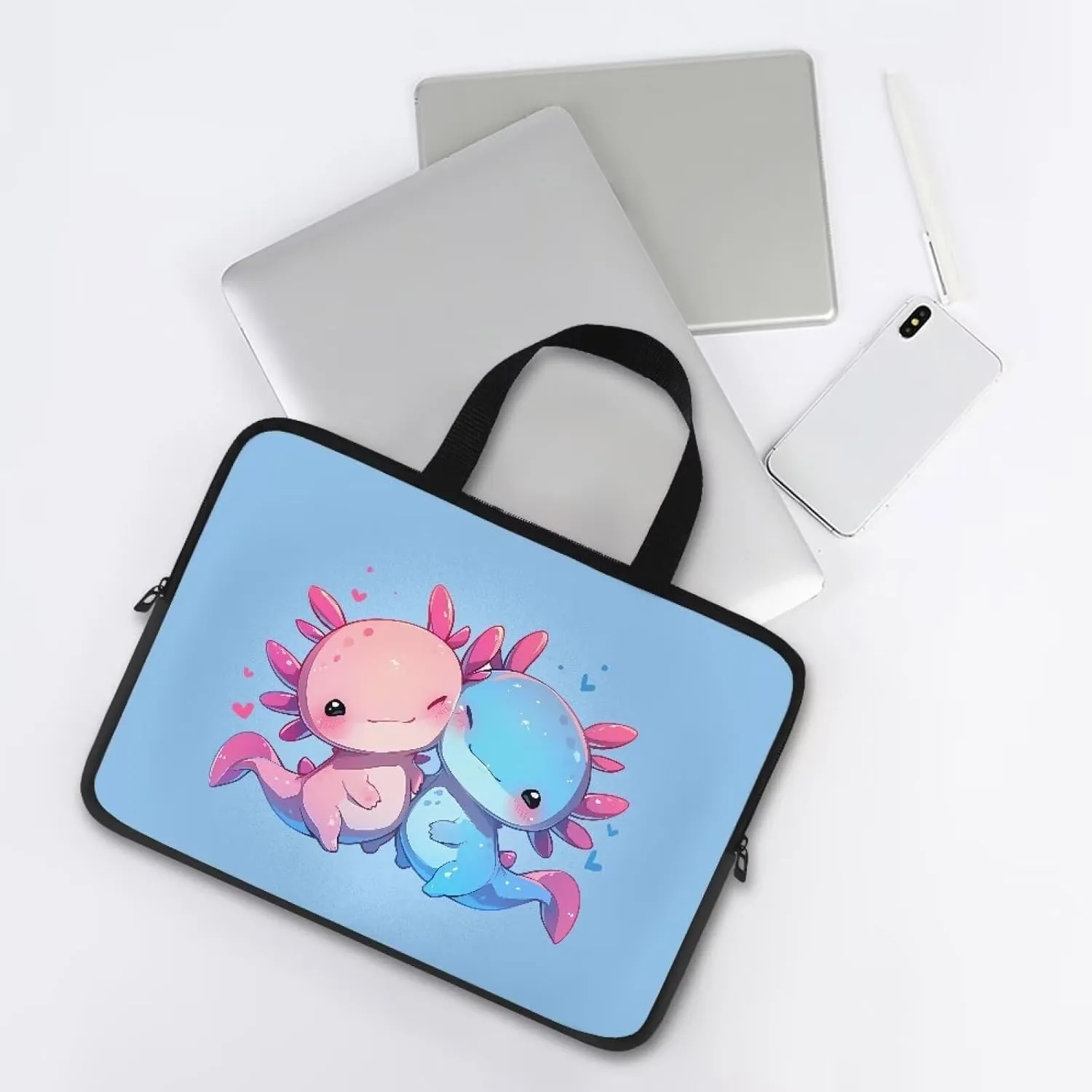 Cute Salamanders Print Handbag 10-17inch Laptop Bag for Girl Women Stylish Laptop Sleeve Bag Personalized Computer Carrying Gift for Women(Blue)