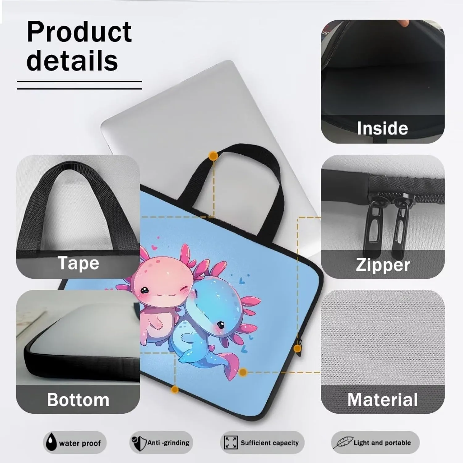 Cute Salamanders Print Handbag 10-17inch Laptop Bag for Girl Women Stylish Laptop Sleeve Bag Personalized Computer Carrying Gift for Women(Blue)