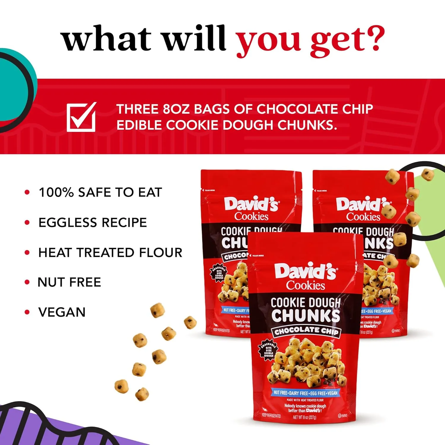David’s Cookies Chocolate Chip Edible Cookie Dough Chunks – 3 Bags (8oz Each) – Vegan, Nut-Free, Dairy-Free, Egg-Free – Classic Chocolate Chip Cookie Dough Bites – w/Heat-Treated Flour, Go-to-Snack