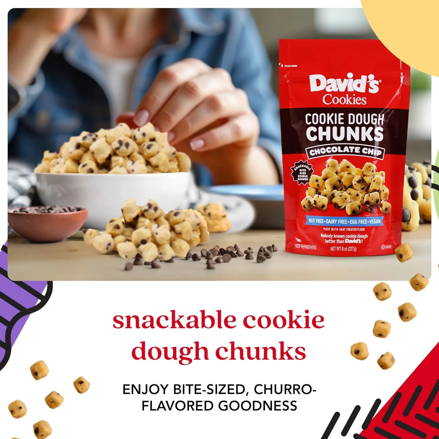 David’s Cookies Chocolate Chip Edible Cookie Dough Chunks – 3 Bags (8oz Each) – Vegan, Nut-Free, Dairy-Free, Egg-Free – Classic Chocolate Chip Cookie Dough Bites – w/Heat-Treated Flour, Go-to-Snack