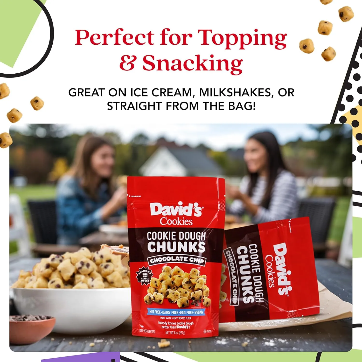 David’s Cookies Chocolate Chip Edible Cookie Dough Chunks – 3 Bags (8oz Each) – Vegan, Nut-Free, Dairy-Free, Egg-Free – Classic Chocolate Chip Cookie Dough Bites – w/Heat-Treated Flour, Go-to-Snack
