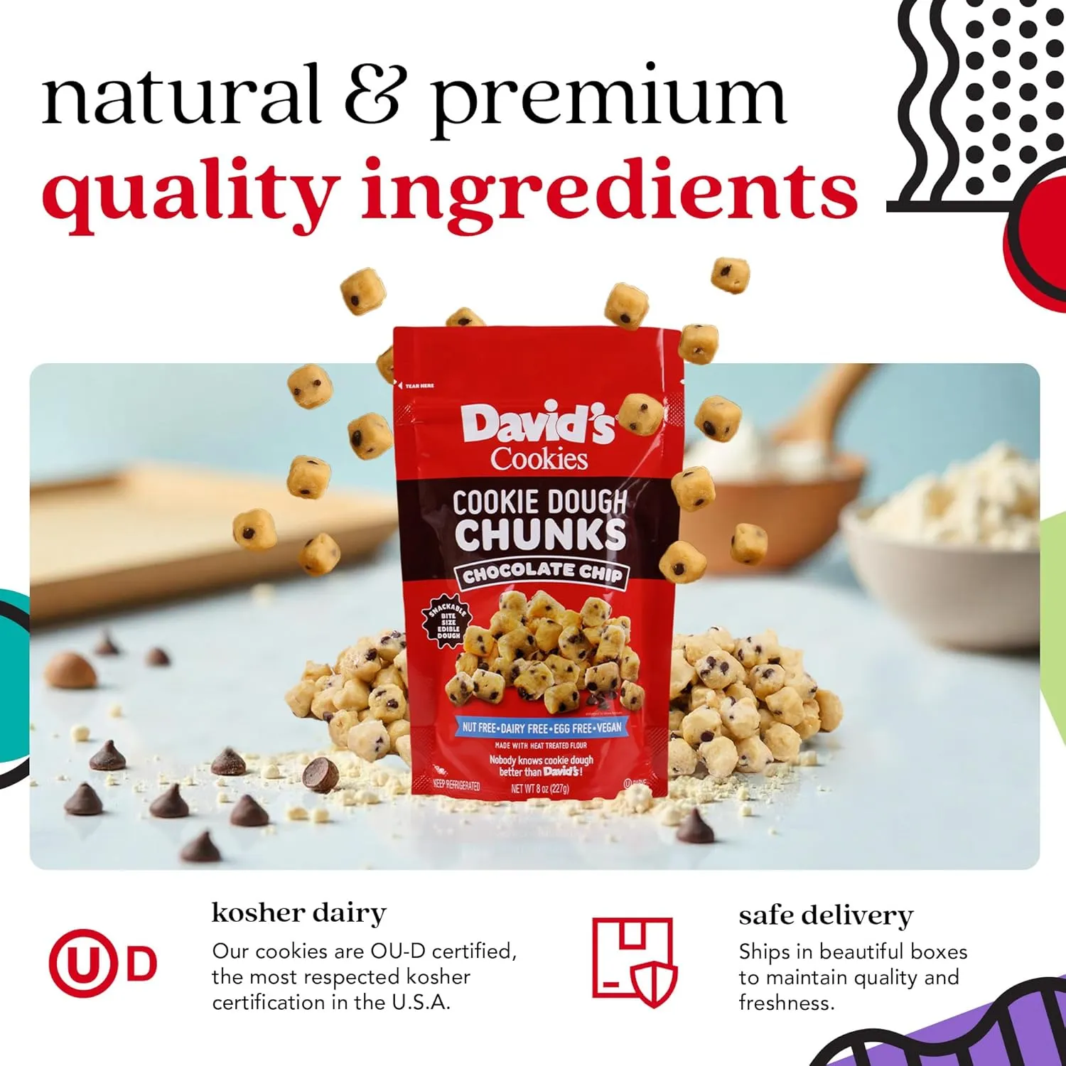 David’s Cookies Chocolate Chip Edible Cookie Dough Chunks – 3 Bags (8oz Each) – Vegan, Nut-Free, Dairy-Free, Egg-Free – Classic Chocolate Chip Cookie Dough Bites – w/Heat-Treated Flour, Go-to-Snack