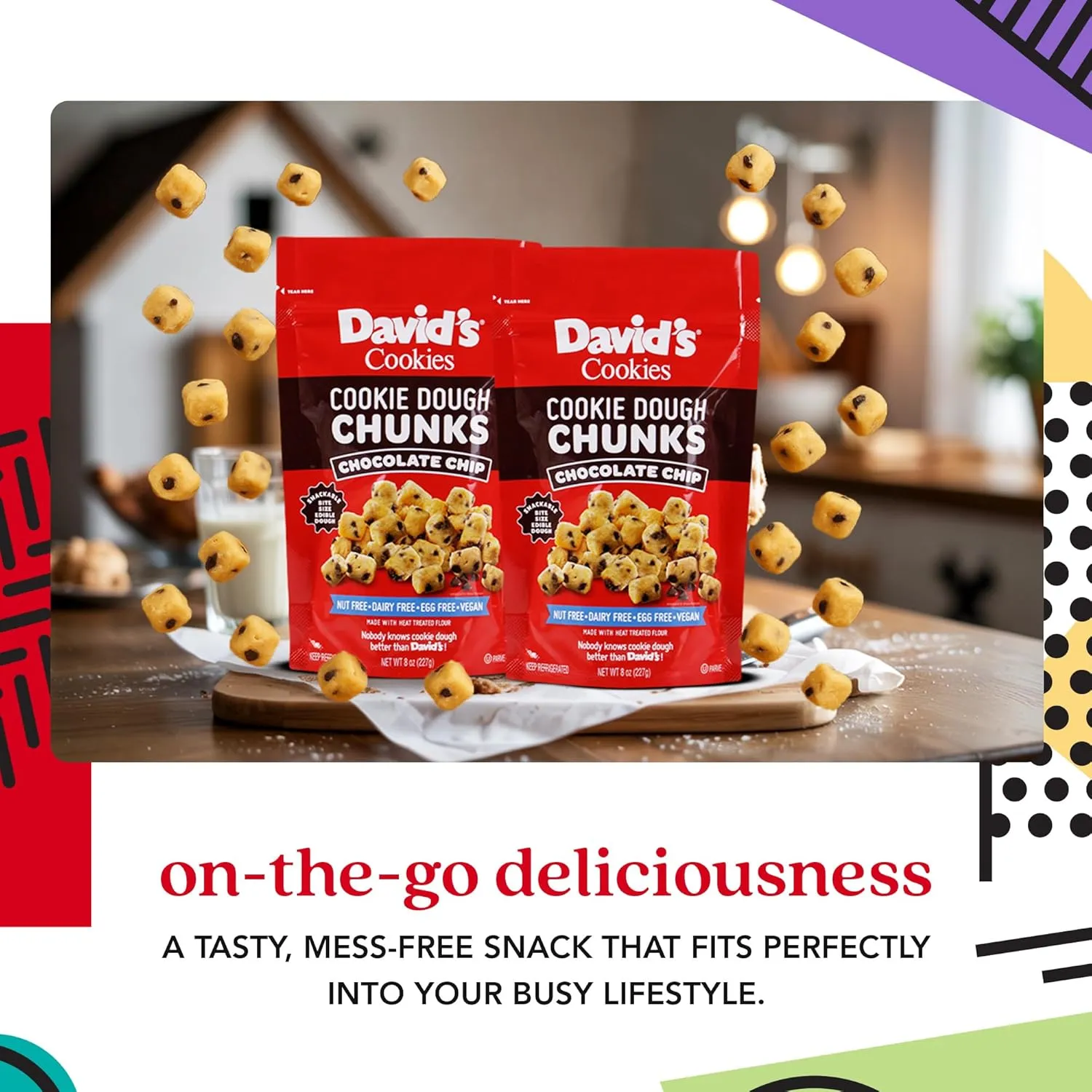 David’s Cookies Chocolate Chip Edible Cookie Dough Chunks – 3 Bags (8oz Each) – Vegan, Nut-Free, Dairy-Free, Egg-Free – Classic Chocolate Chip Cookie Dough Bites – w/Heat-Treated Flour, Go-to-Snack