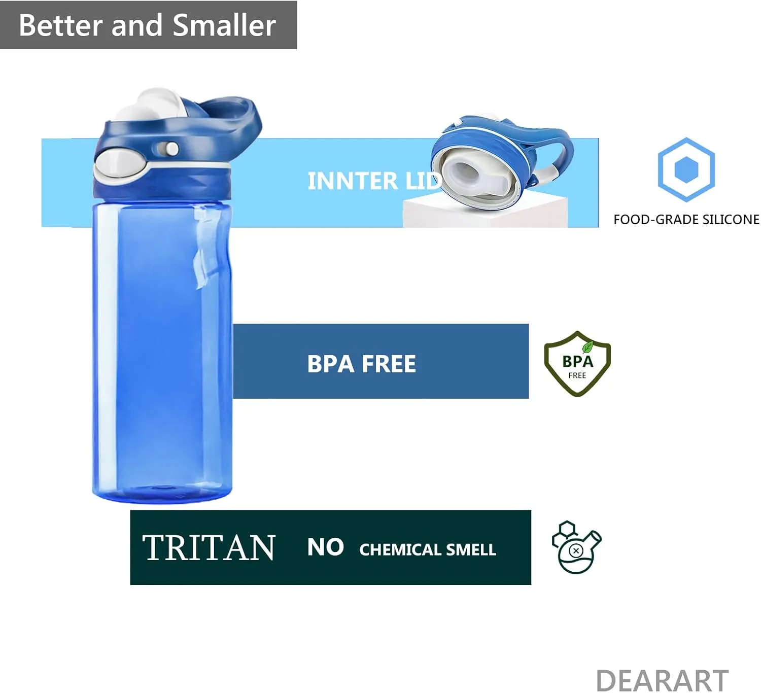 DEARART 2-Pack 16oz Blue Water Bottle and Grey Water Bottle No Straw Wide Mouth, BPA FREE Has Handle Small Clear Bottles Easy Carried, Suit Sports Office School Working etc.