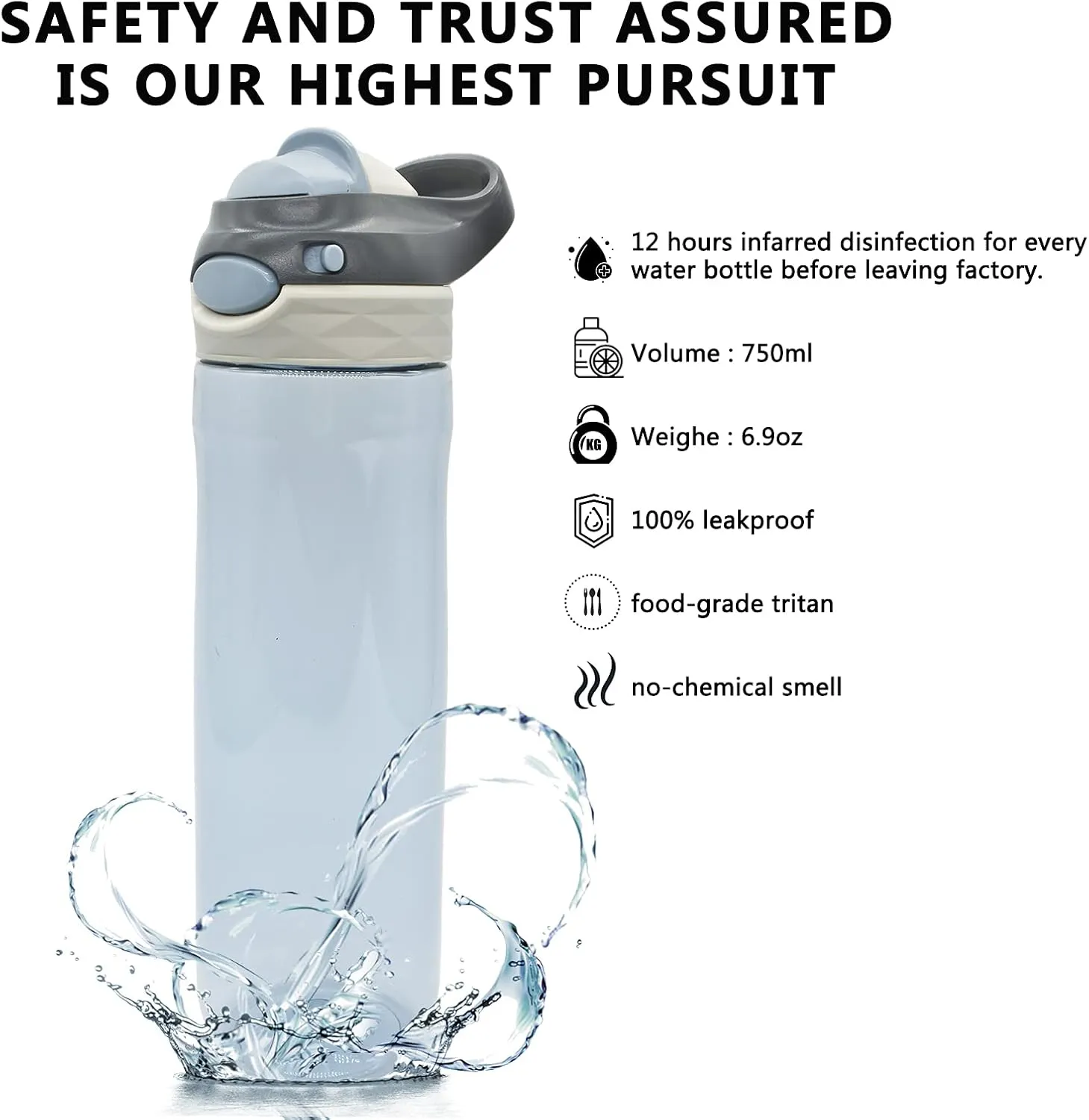 DEARART 2-Pack 26oz Grey Water Bottle and Pink Water Bottles Without Straw, AUTOSPOUT BPA FREE Has Handle Easy Carried, Suit Office Gym Work School Travel etc.