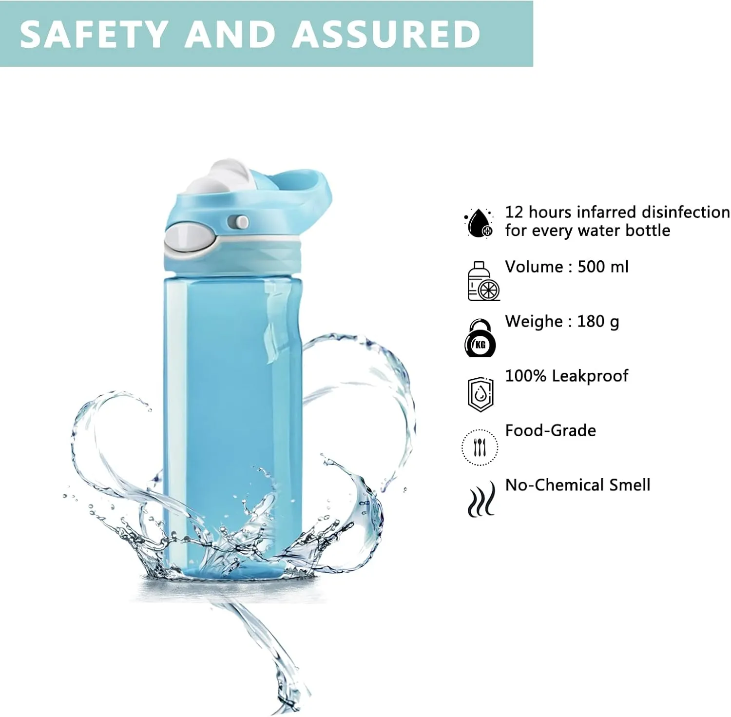 DEARART 2-Pack Grey and Sky Blue Water Bottles, 16oz Clear Bottles No Straw BPA FREE Lock Leakproof Wide Mouth, Has Handle Easy Carried, Suit School, Gym, Sports, Work etc.