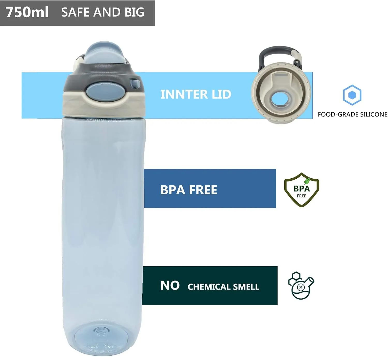 DEARART 26oz Grey Water Bottle No Straw, Clear Bottles with Handle Easy Carried, Wide Mouth AUTOSPOUT Leak Proof Locking Button Flip Up Lid, Suit Sports School Travel Office Gym etc.