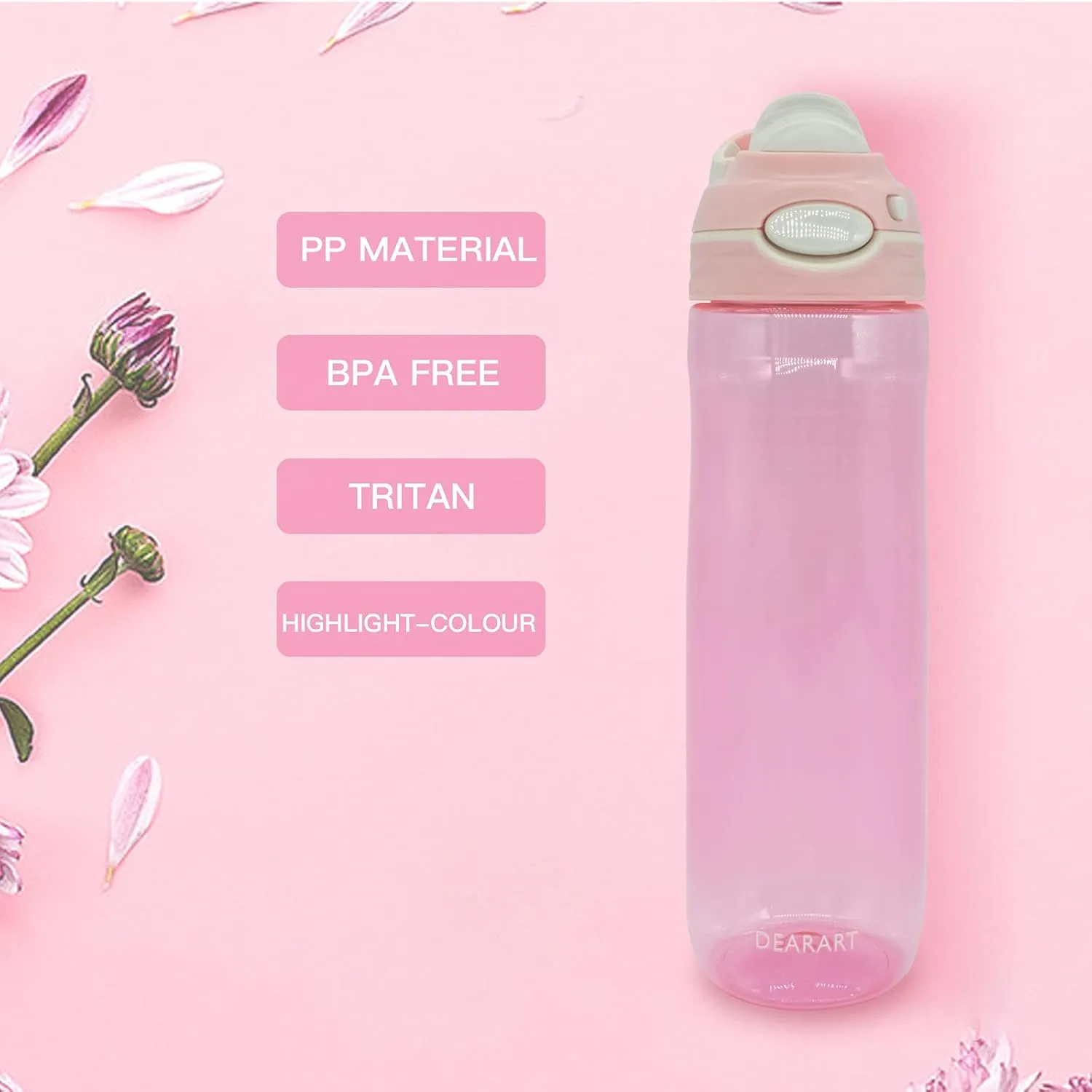 DEARART 26oz Water Bottle No Straw, 100% Leakproof Clear Bottles with Handle Easy Carried, Wide Mouth AUTOSPOUT Lock Button Flip Up Lid, Suit Sports School Travel Office Gym, Pink