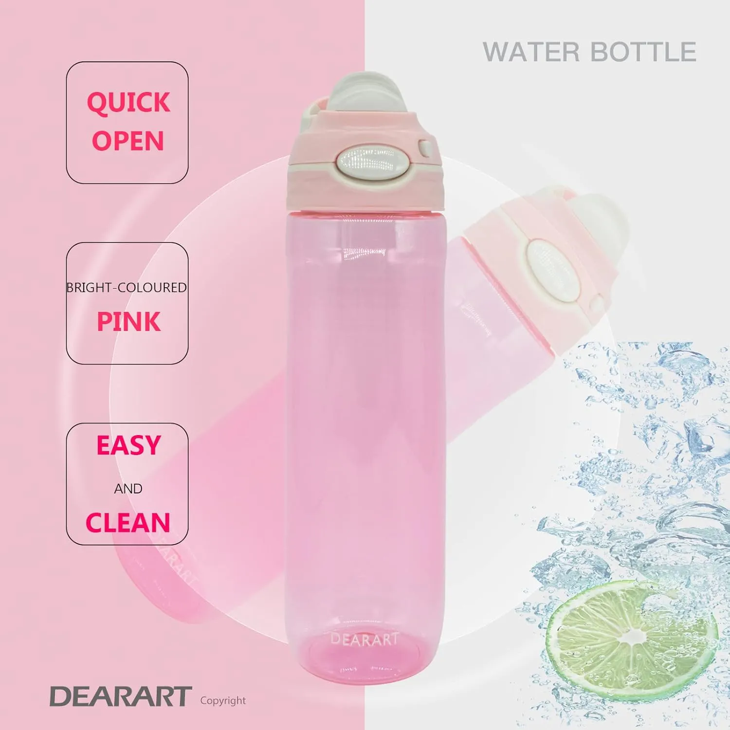 DEARART 26oz Water Bottle No Straw, 100% Leakproof Clear Bottles with Handle Easy Carried, Wide Mouth AUTOSPOUT Lock Button Flip Up Lid, Suit Sports School Travel Office Gym, Pink