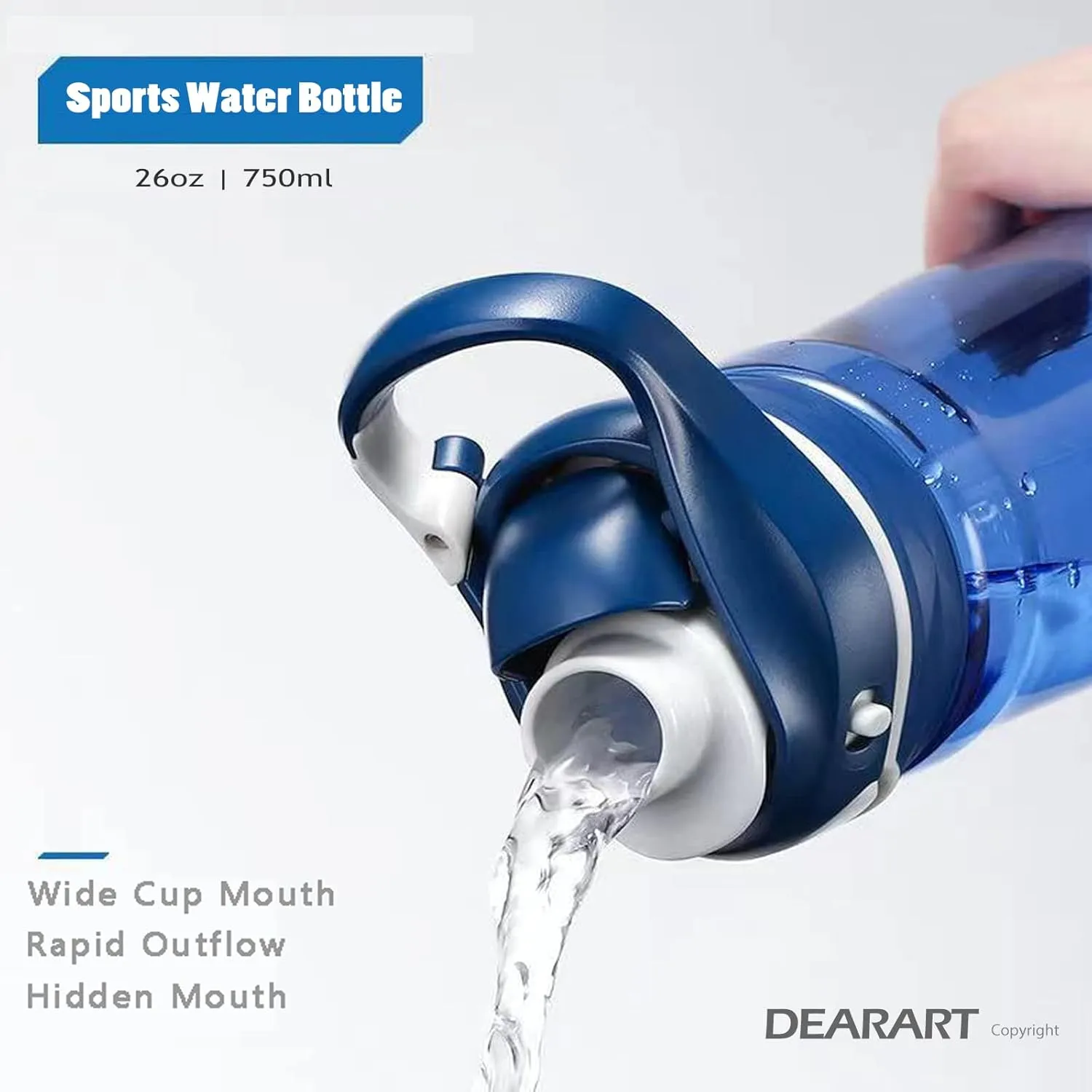 DEARART Blue Water Bottle No Straw, 100% Leakproof Clear Bottles with Handle Easy Carried, Wide Mouth AUTOSPOUT Lock Button Flip Up Lid, Suit Sports School Travel Office Gym, 26oz