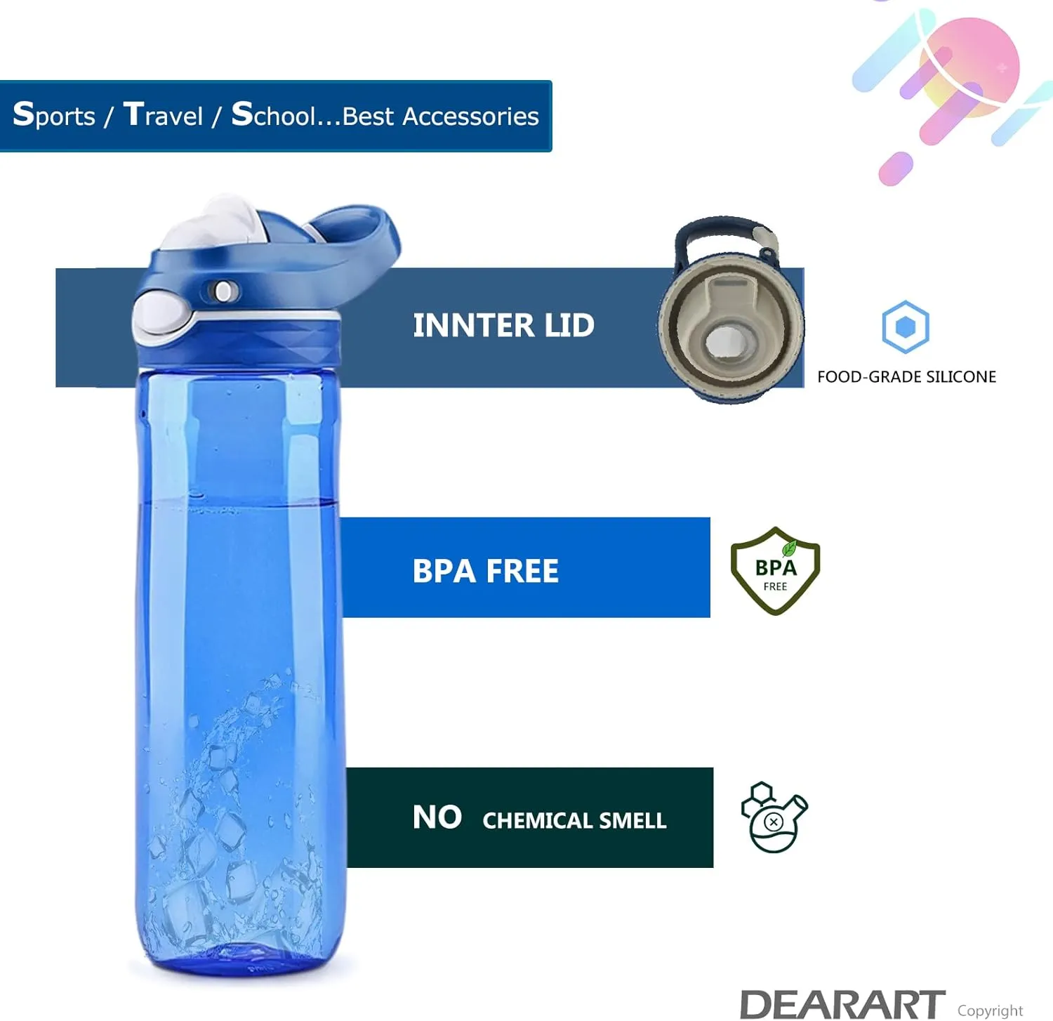 DEARART Blue Water Bottle No Straw, 100% Leakproof Clear Bottles with Handle Easy Carried, Wide Mouth AUTOSPOUT Lock Button Flip Up Lid, Suit Sports School Travel Office Gym, 26oz