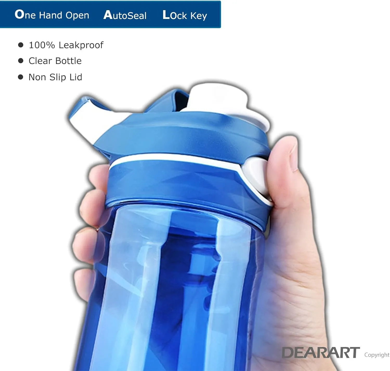 DEARART Blue Water Bottle No Straw, 100% Leakproof Clear Bottles with Handle Easy Carried, Wide Mouth AUTOSPOUT Lock Button Flip Up Lid, Suit Sports School Travel Office Gym, 26oz