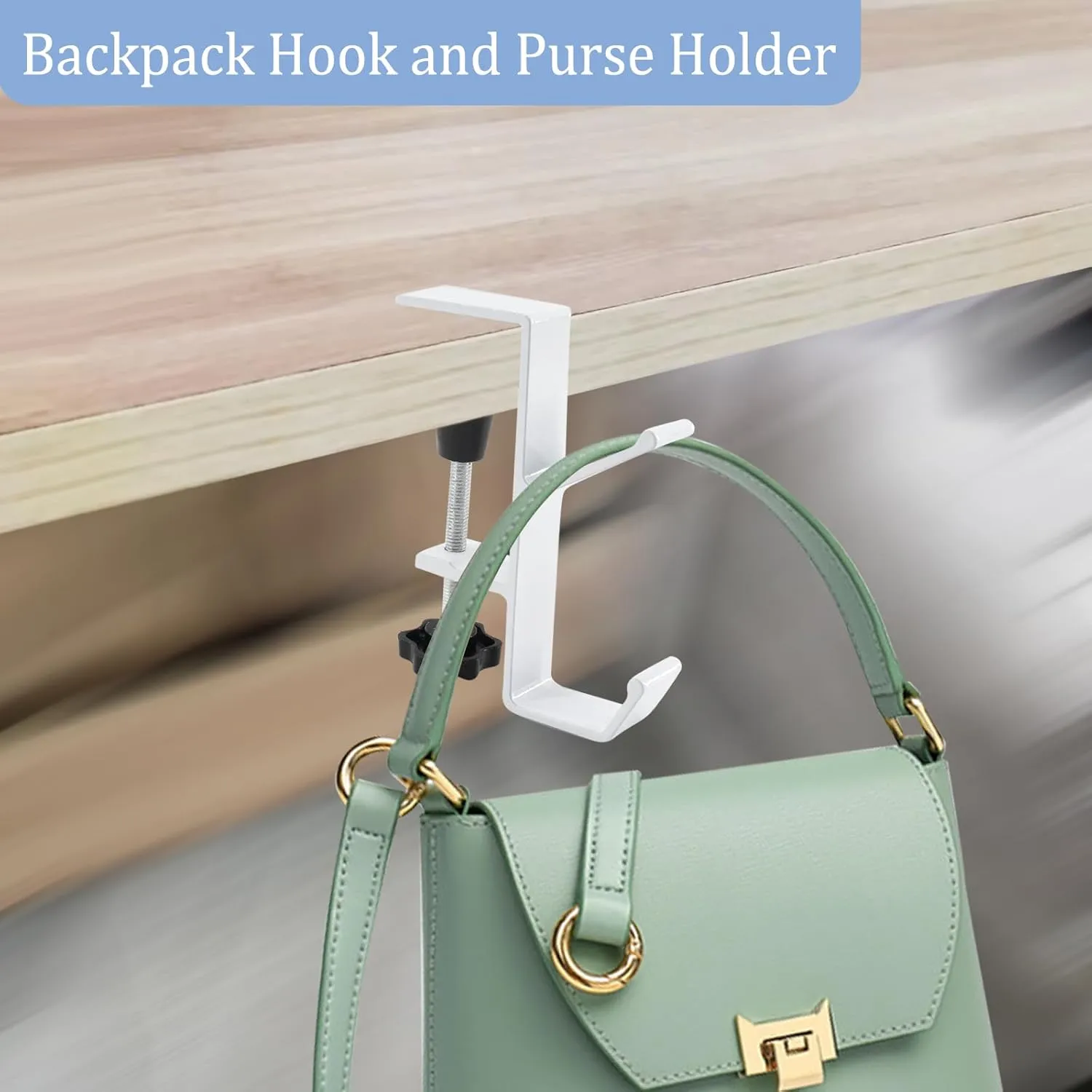 Desk Mount Bag Holder Hook Clamp,On Backpack Hanger Portable Desk Mount Headphones Holder for Reduce Desk Clutter Table Desk Table Hanging Storage (4 Pcs-Double Hook White)