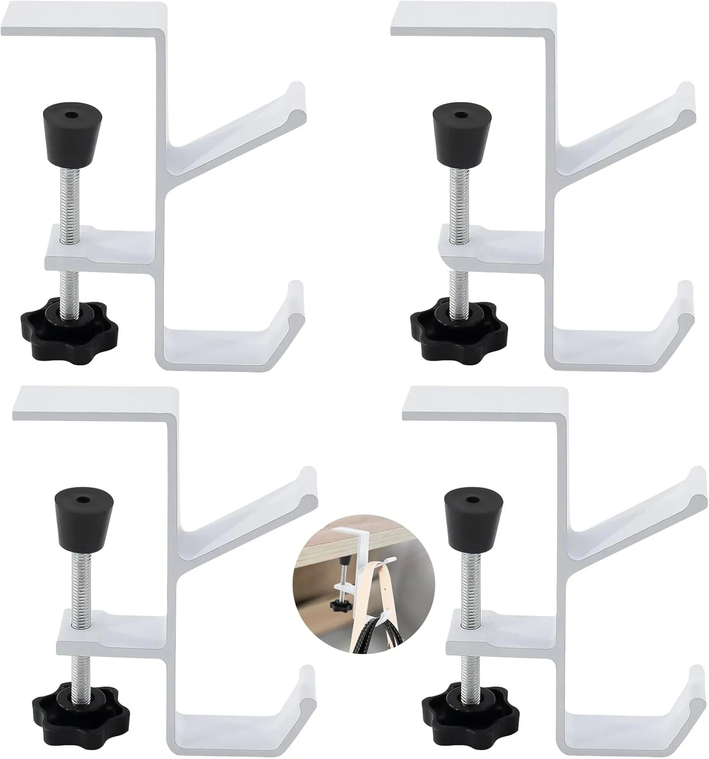 Desk Mount Bag Holder Hook Clamp,On Backpack Hanger Portable Desk Mount Headphones Holder for Reduce Desk Clutter Table Desk Table Hanging Storage (4 Pcs-Double Hook White)