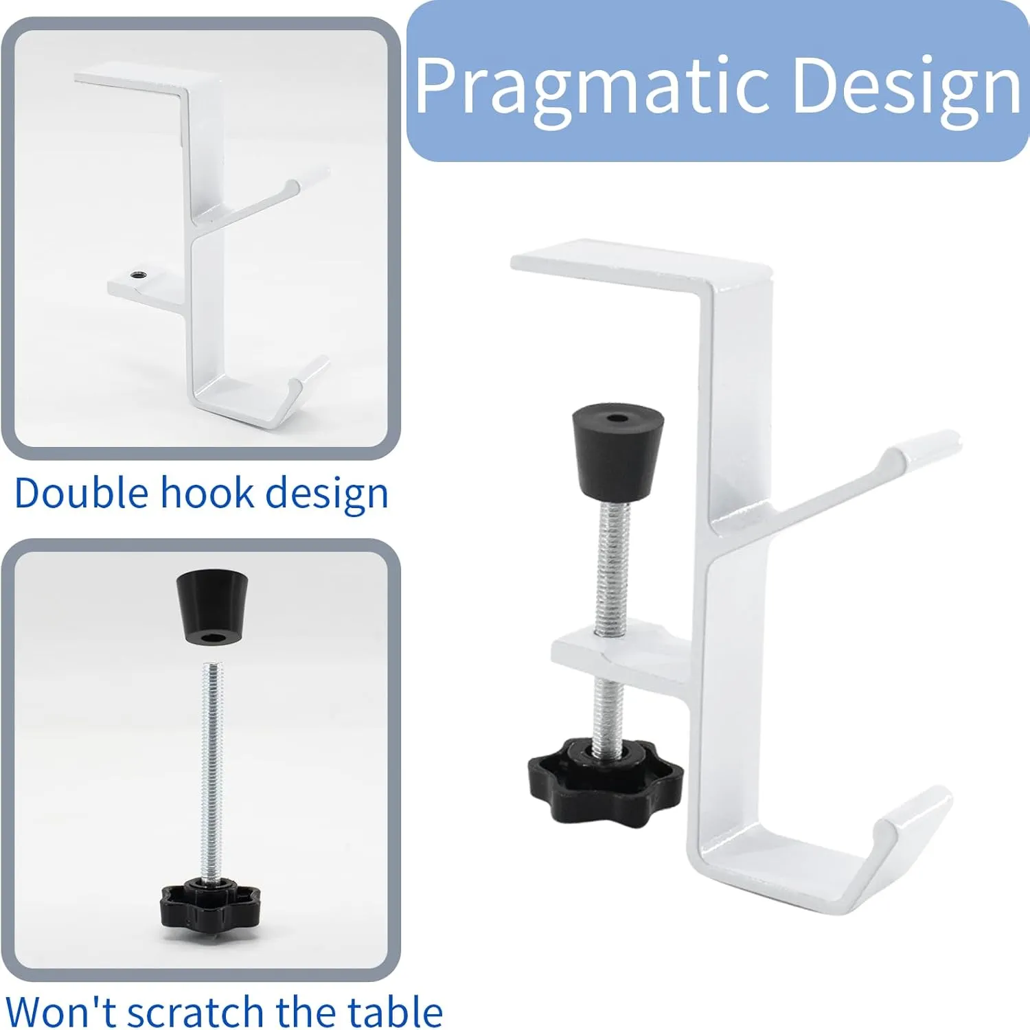 Desk Mount Bag Holder Hook Clamp,On Backpack Hanger Portable Desk Mount Headphones Holder for Reduce Desk Clutter Table Desk Table Hanging Storage (4 Pcs-Double Hook White)
