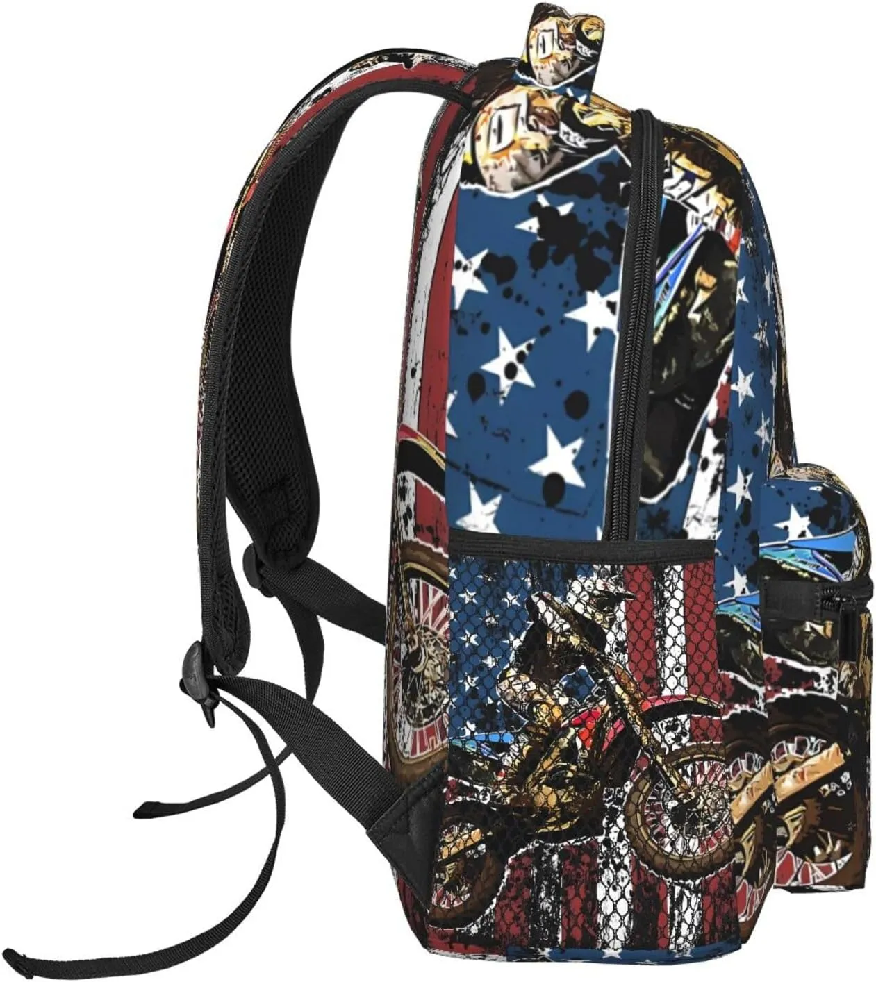 Dirt Bike Racing Motocross Race American Flag Backpack Double Shoulder Bag 15 Inch Laptop Bagpack for Hiking Work Camping Travel