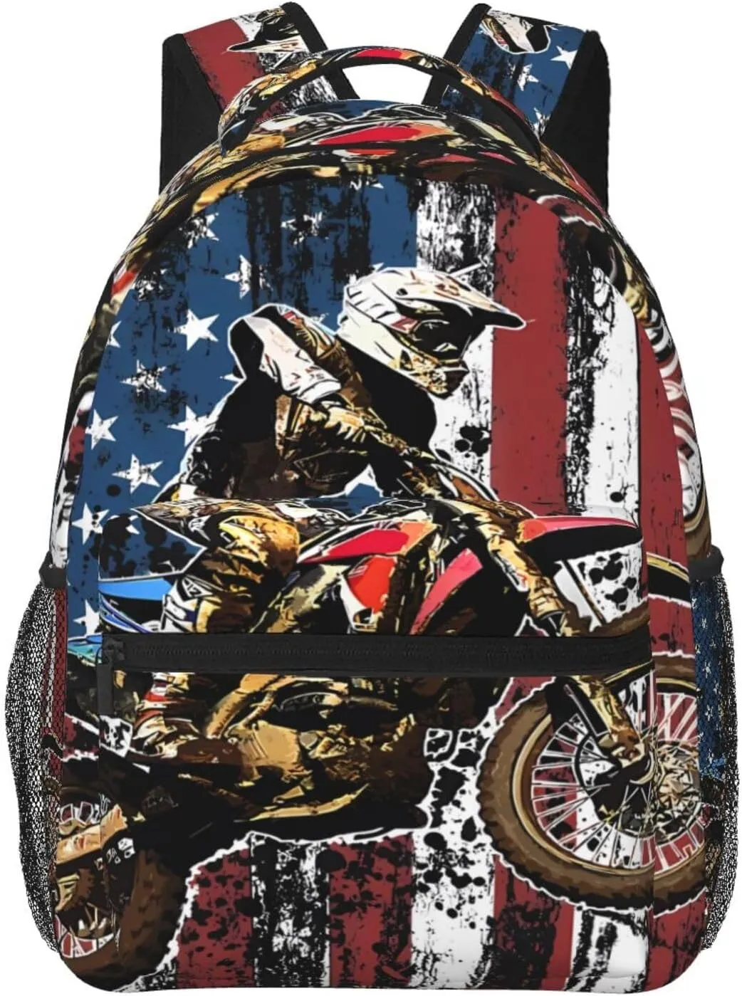 Dirt Bike Racing Motocross Race American Flag Backpack Double Shoulder Bag 15 Inch Laptop Bagpack for Hiking Work Camping Travel