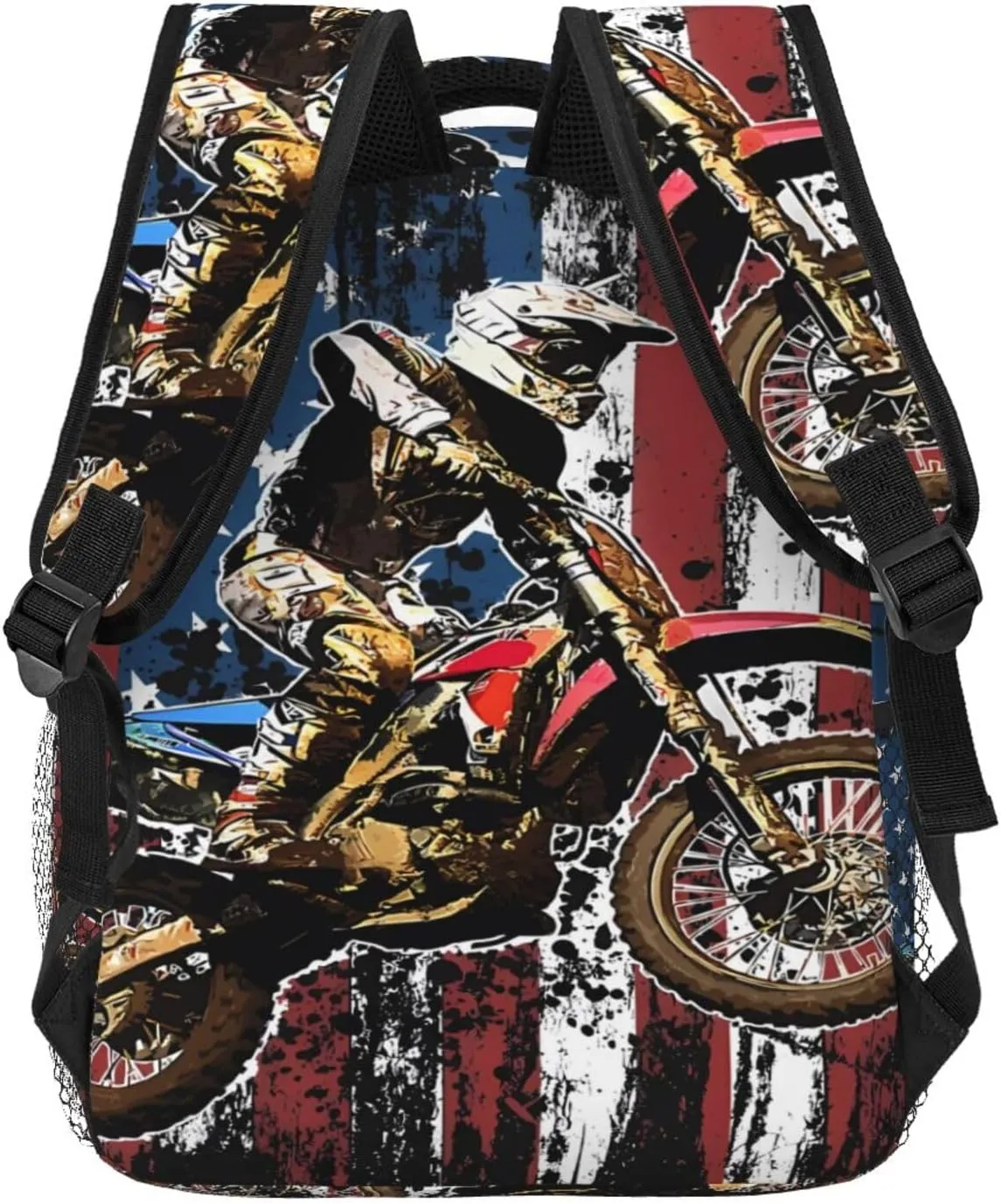 Dirt Bike Racing Motocross Race American Flag Backpack Double Shoulder Bag 15 Inch Laptop Bagpack for Hiking Work Camping Travel