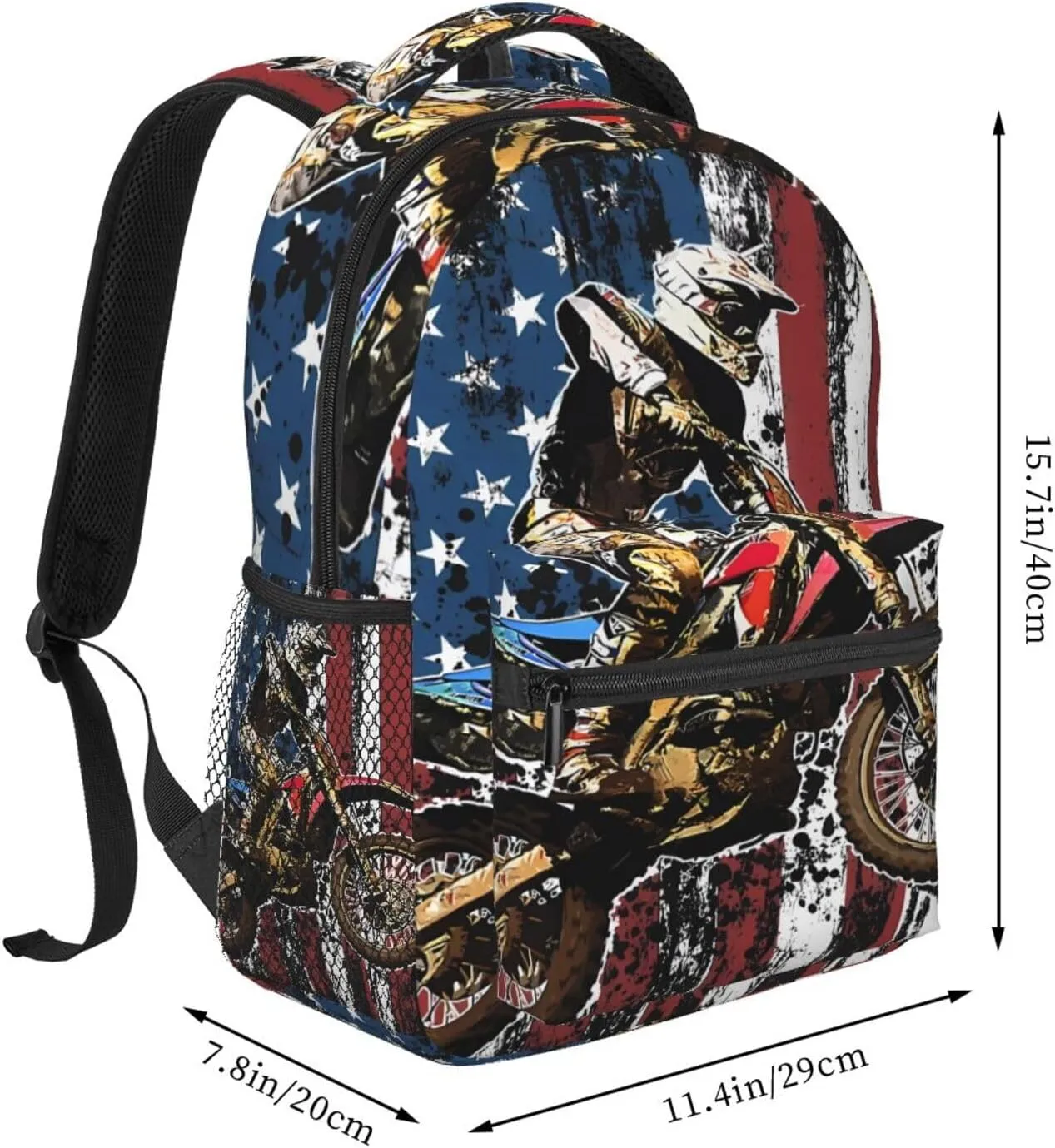 Dirt Bike Racing Motocross Race American Flag Backpack Double Shoulder Bag 15 Inch Laptop Bagpack for Hiking Work Camping Travel