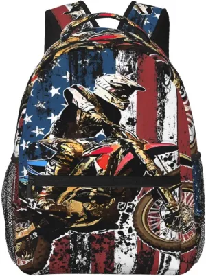 Dirt Bike Racing Motocross Race American Flag Backpack Double Shoulder Bag 15 Inch Laptop Bagpack for Hiking Work Camping Travel
