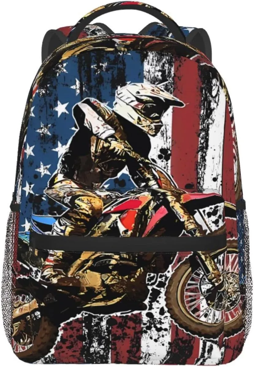 Dirt Bike Racing Motocross Race American Flag Backpack Double Shoulder Bag 15 Inch Laptop Bagpack for Hiking Work Camping Travel